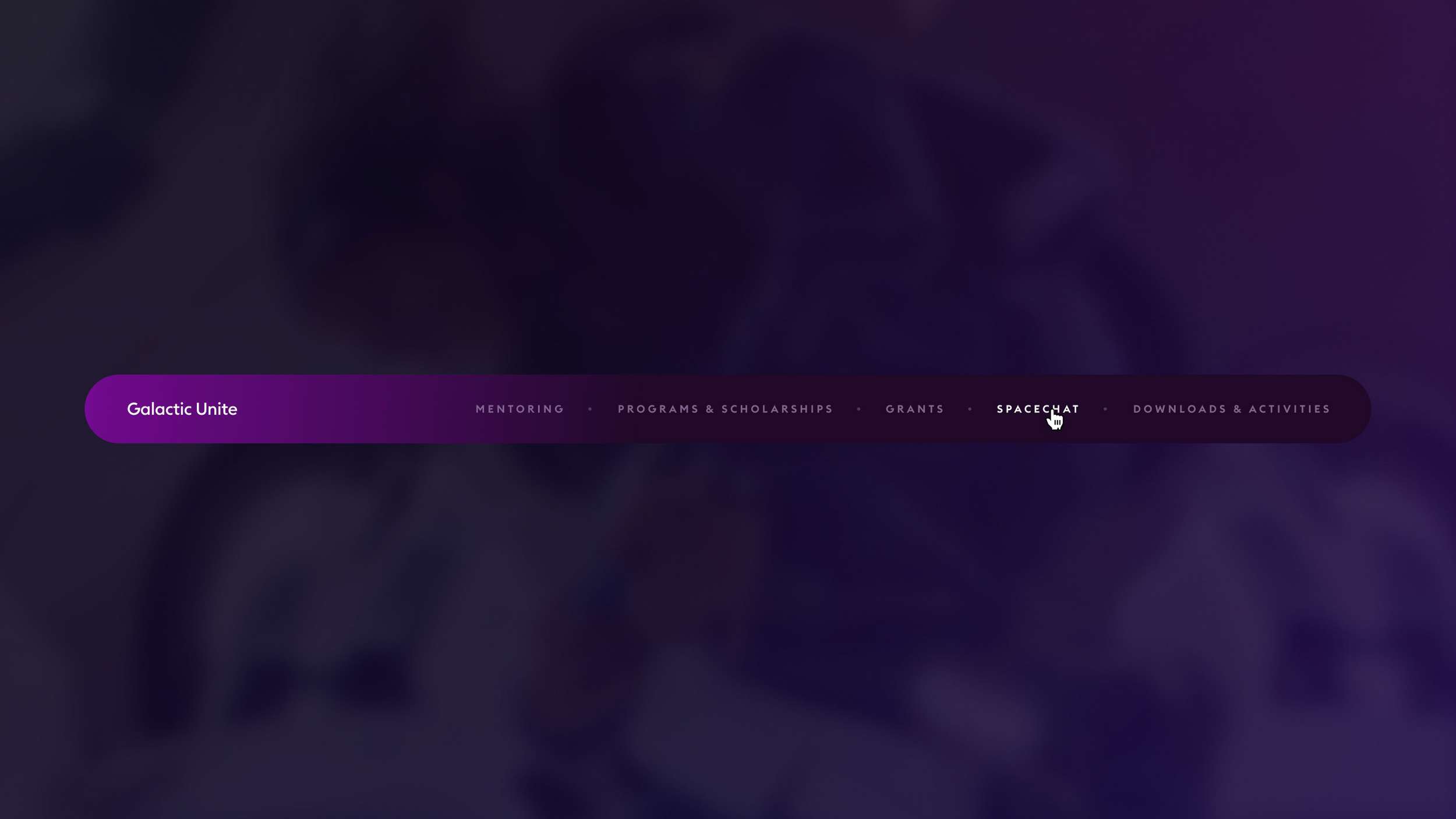A purple navigation menu on a dark background with options like Mentoring, Programs & Scholarships, Grants, and SpaceChat highlighted.