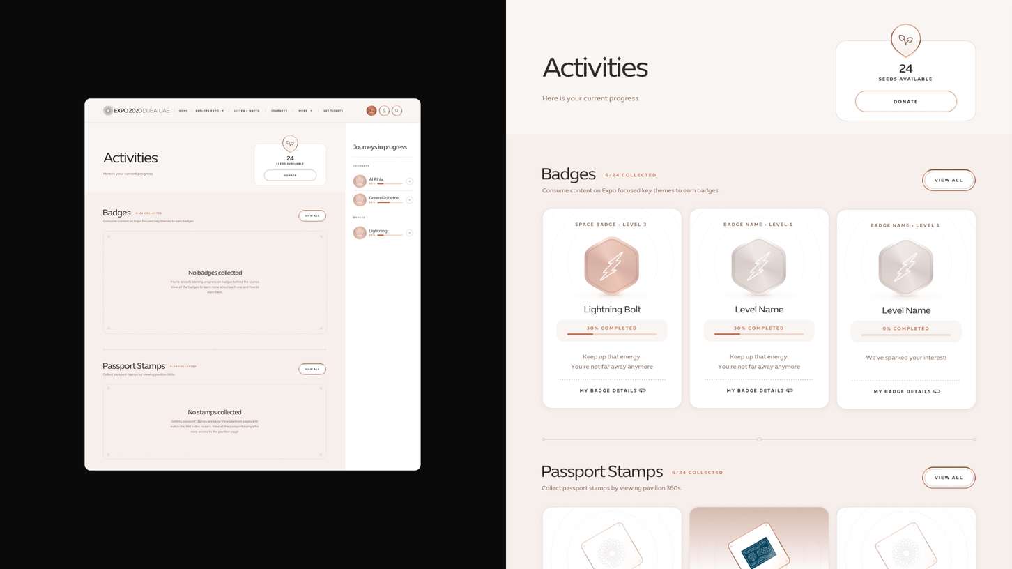 A web dashboard concept detailing gamified user profile metrics, featuring progress tracking bars, achievement badge grids, and virtual passport stamp containers.
