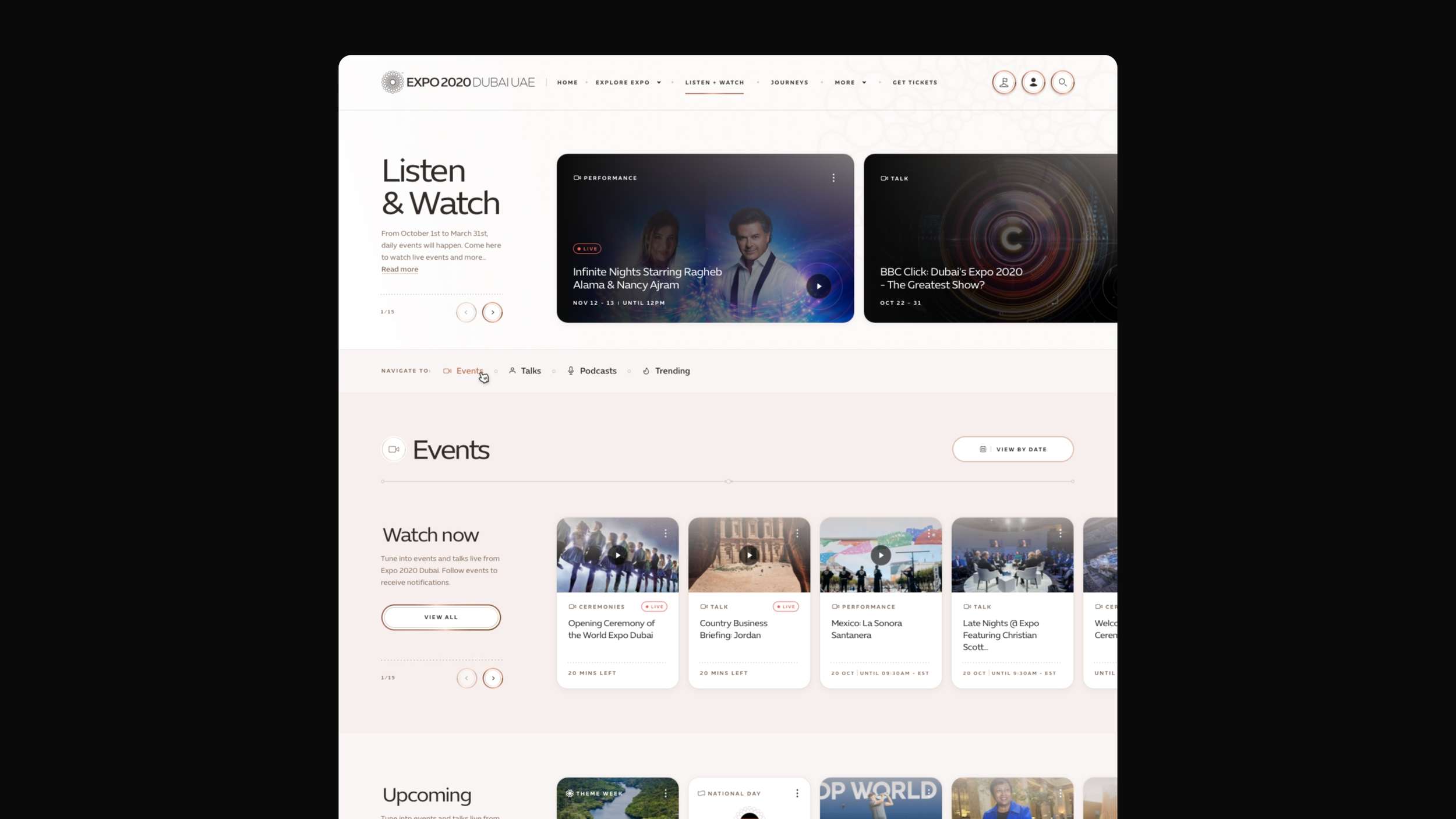 A desktop multimedia dashboard concept emphasizing video streaming carousels, category filtering tabs, and clean scheduled event card component listings.