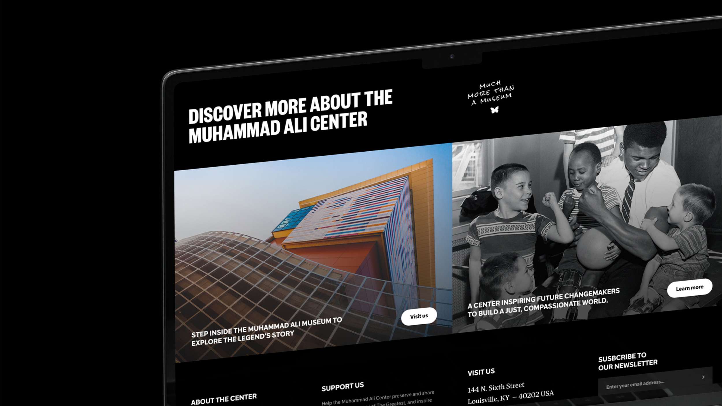 Close-up perspective mockup of a dark mode desktop interface displaying balanced informational split-cards, clean call-to-action buttons, and a structured website footer.