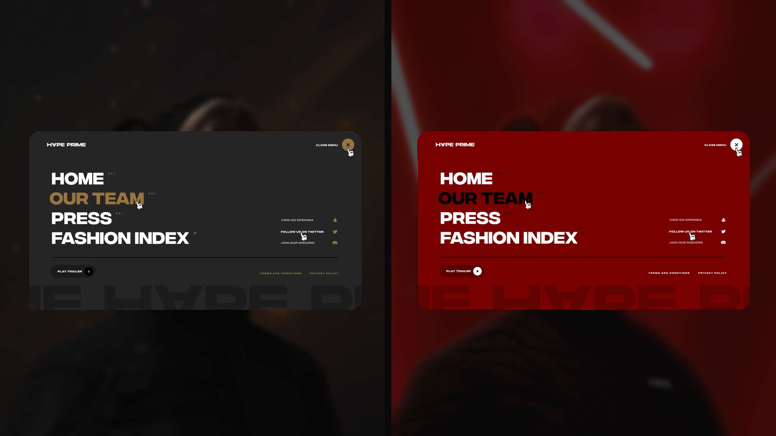 A UI presentation displaying dark mode and red mode versions of a full-screen website navigation panel, featuring high-contrast typography links and a close button.