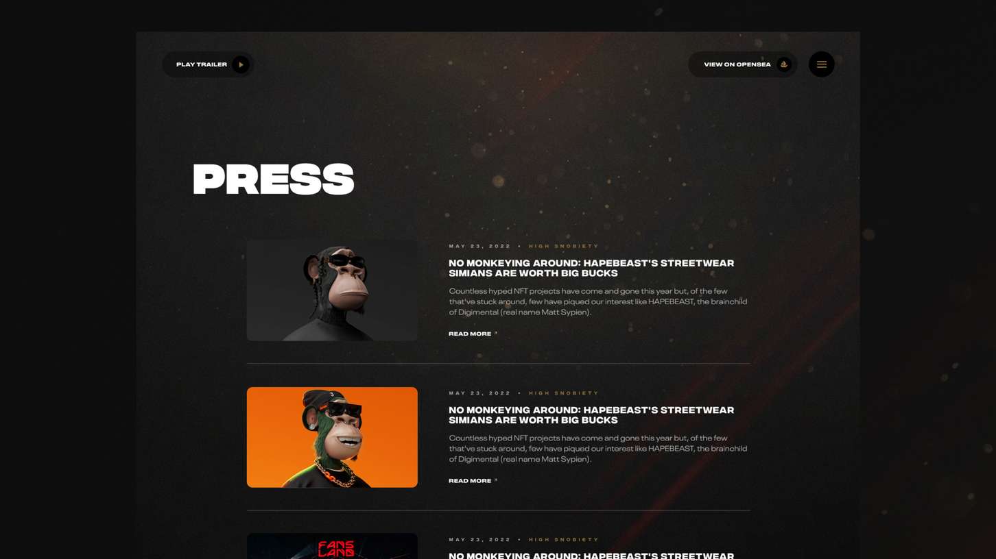 A minimalist press index interface design on a dark background, showing structured media rows with 3D artwork thumbnails, dates, and typography headers.