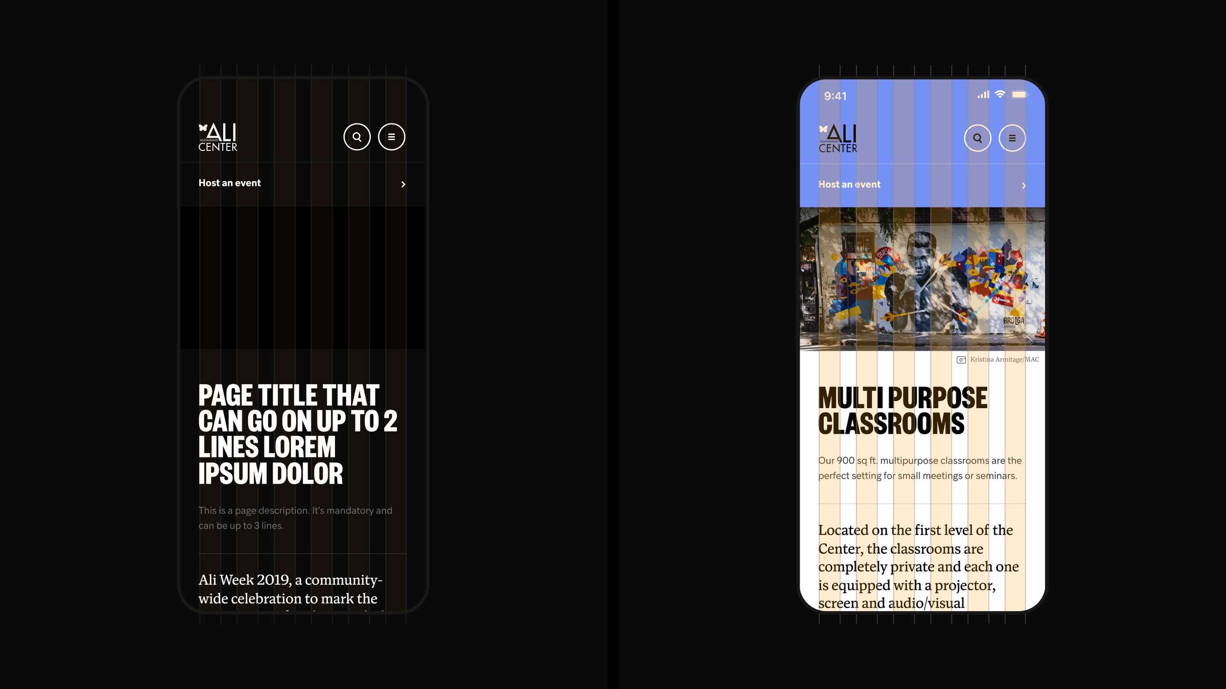 Smartphone application UI wireframes demonstrating responsive column grid alignment systems for both text-heavy and media-rich editorial pages.