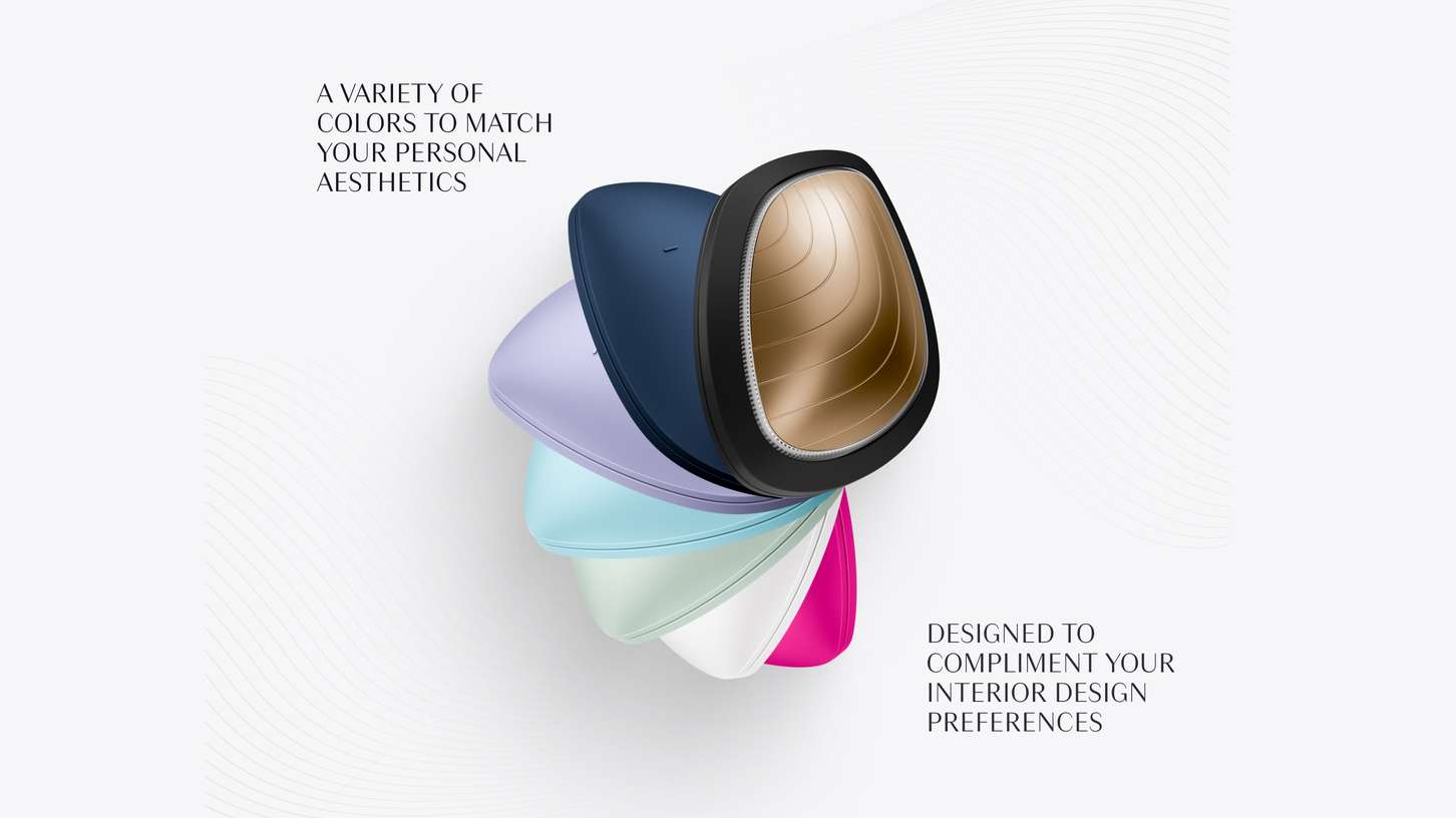A visual display highlighting an ergonomic skincare massager available in a broad palette of colors, accompanied by minimalist marketing copy.
