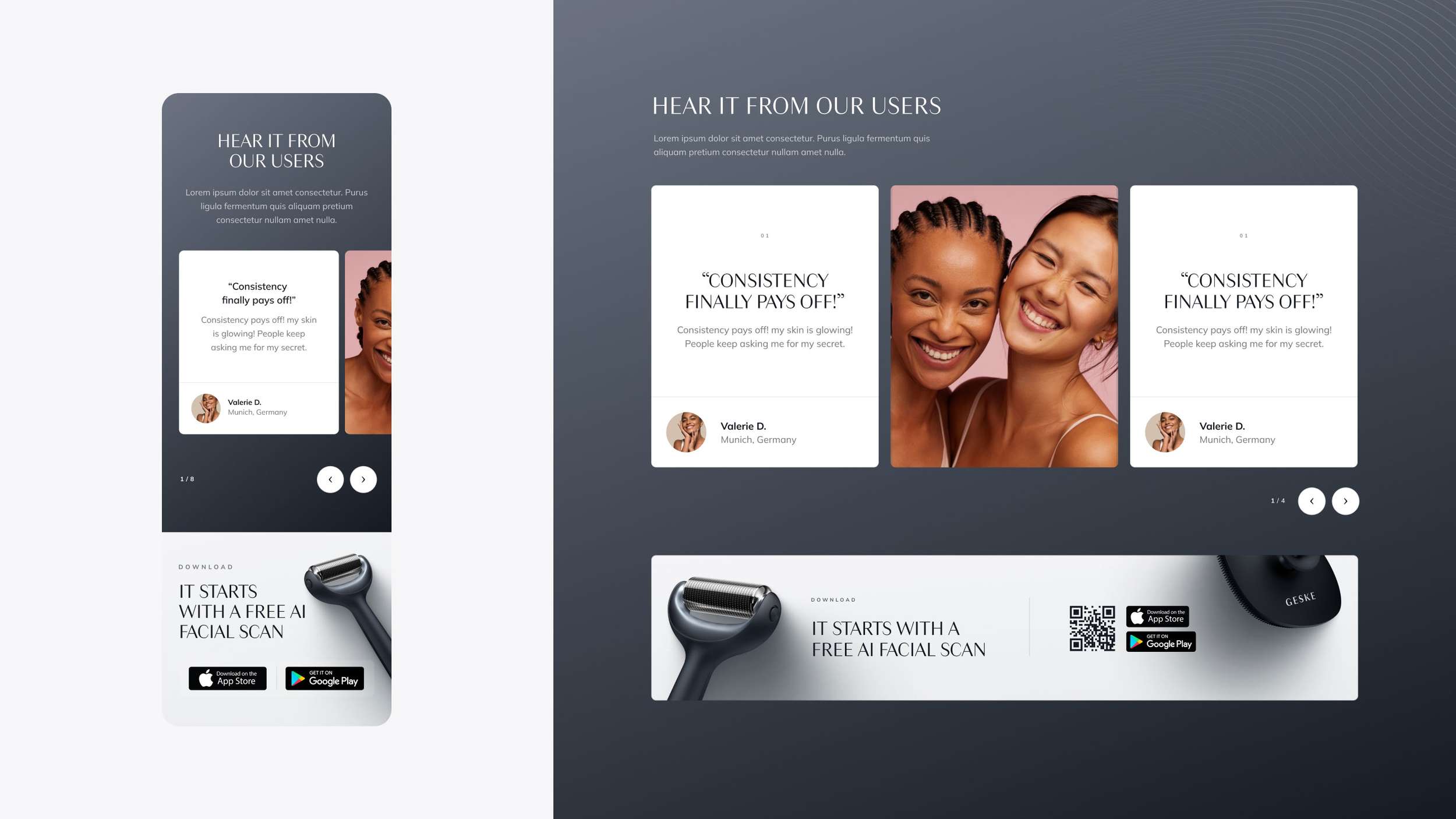 A design layout illustrating multi-device adaptation for a customer reviews slider and an application promotional banner across mobile and desktop breakpoints.