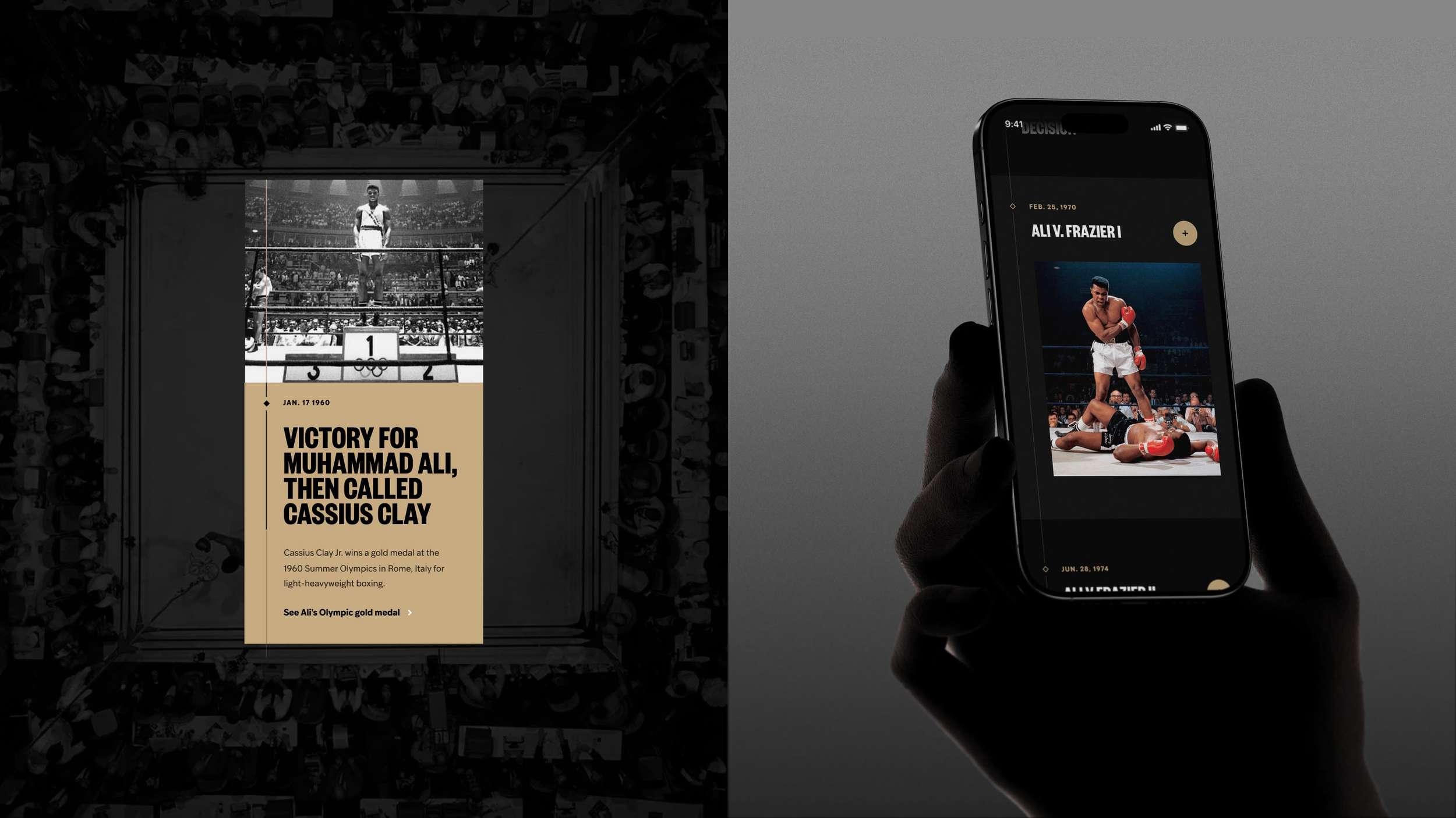 Multi-device user interface mockup presentation detailing high-contrast biographical storytelling cards, micro-interactions, and responsive archival media components.