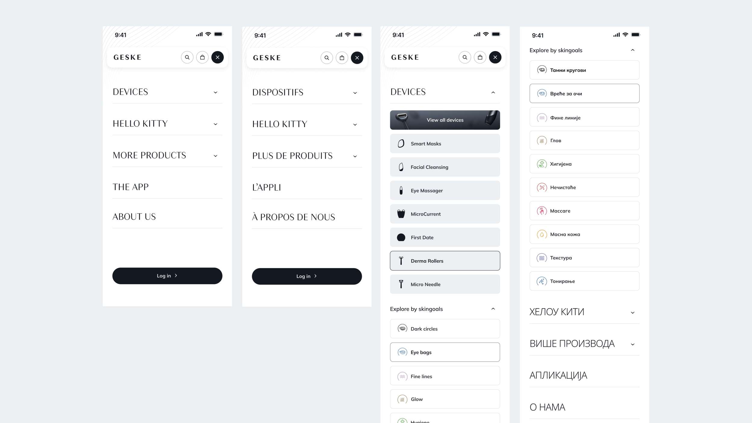 A series of four mobile user interface layouts demonstrating responsive multi-lingual localization for a side drawer navigation menu.