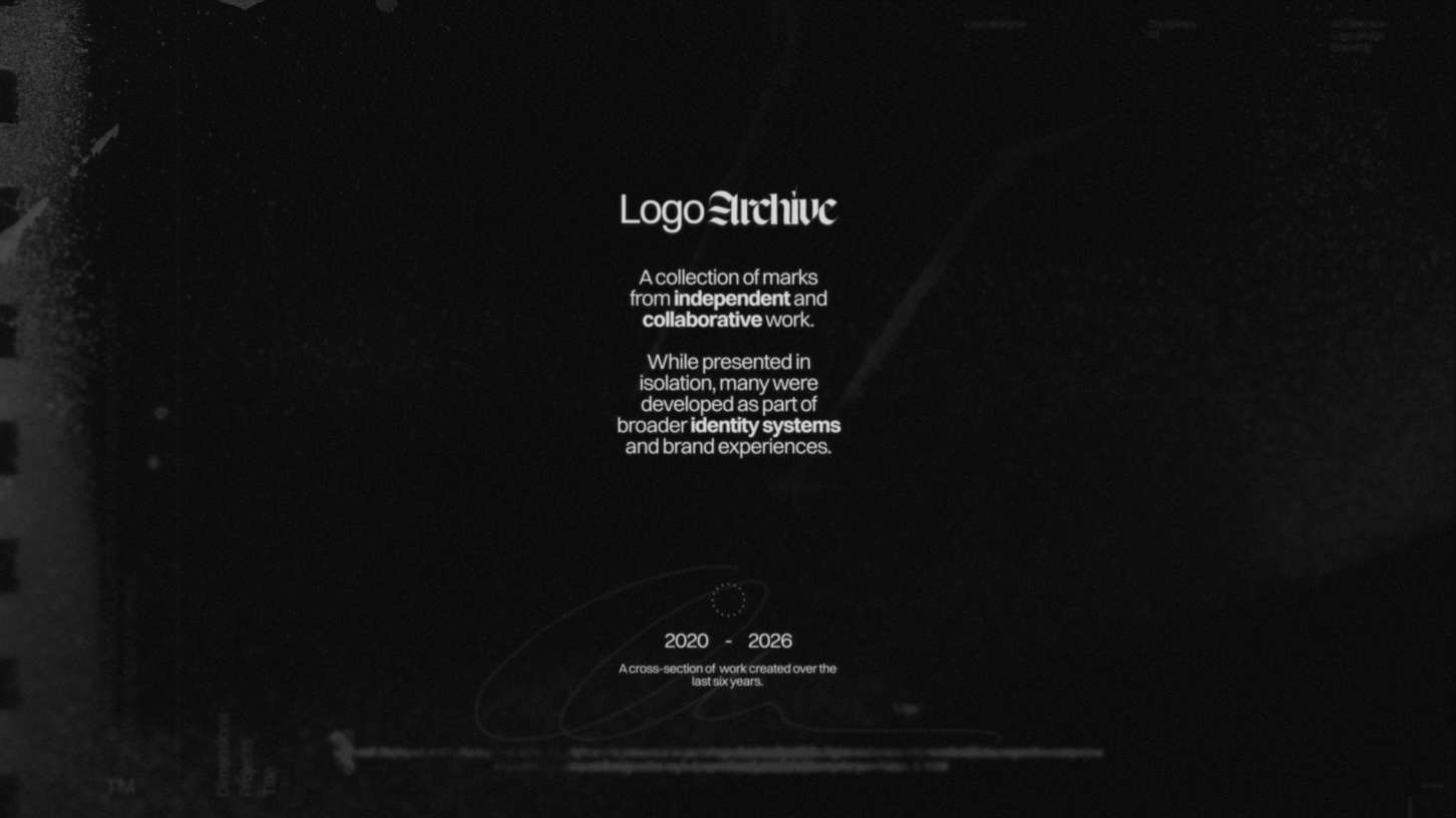 Minimalist dark introductory slide for a branding design archive, highlighting editorial typography, a dual-font logo presentation, and a clean project statement.