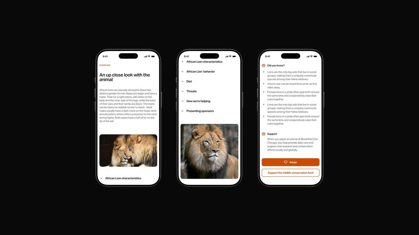 Mobile responsive view breakdown of a wildlife profile page, showing text hierarchies, drop-down menu states, and donation CTA buttons across three phone mockups.