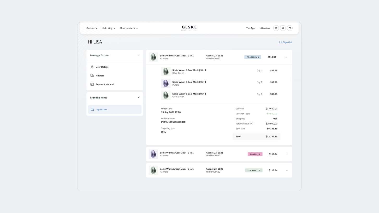 A dashboard user interface showcasing a user's web store order history account page with multi-item receipt statements and status tags.