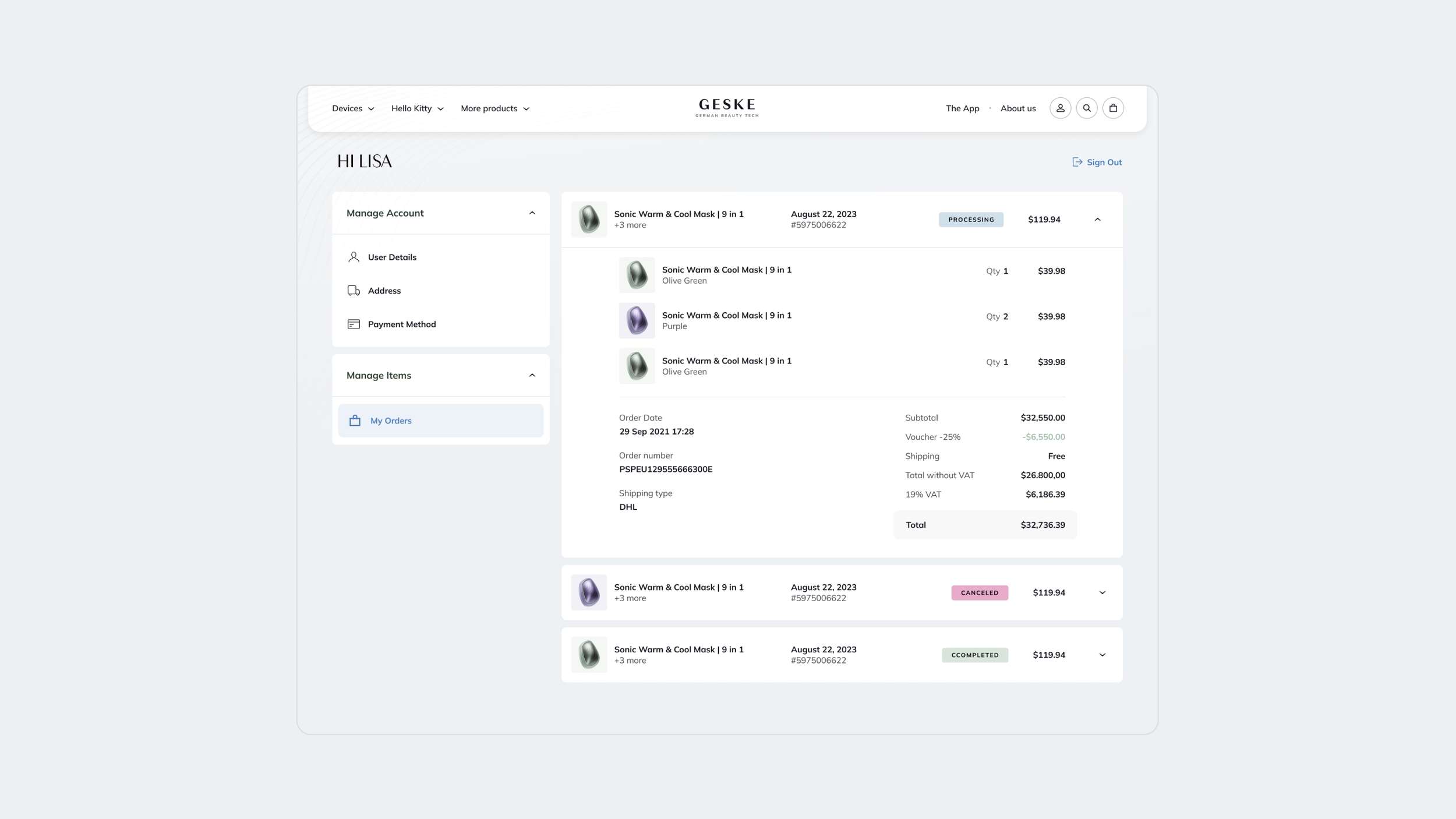 A dashboard user interface showcasing a user's web store order history account page with multi-item receipt statements and status tags.