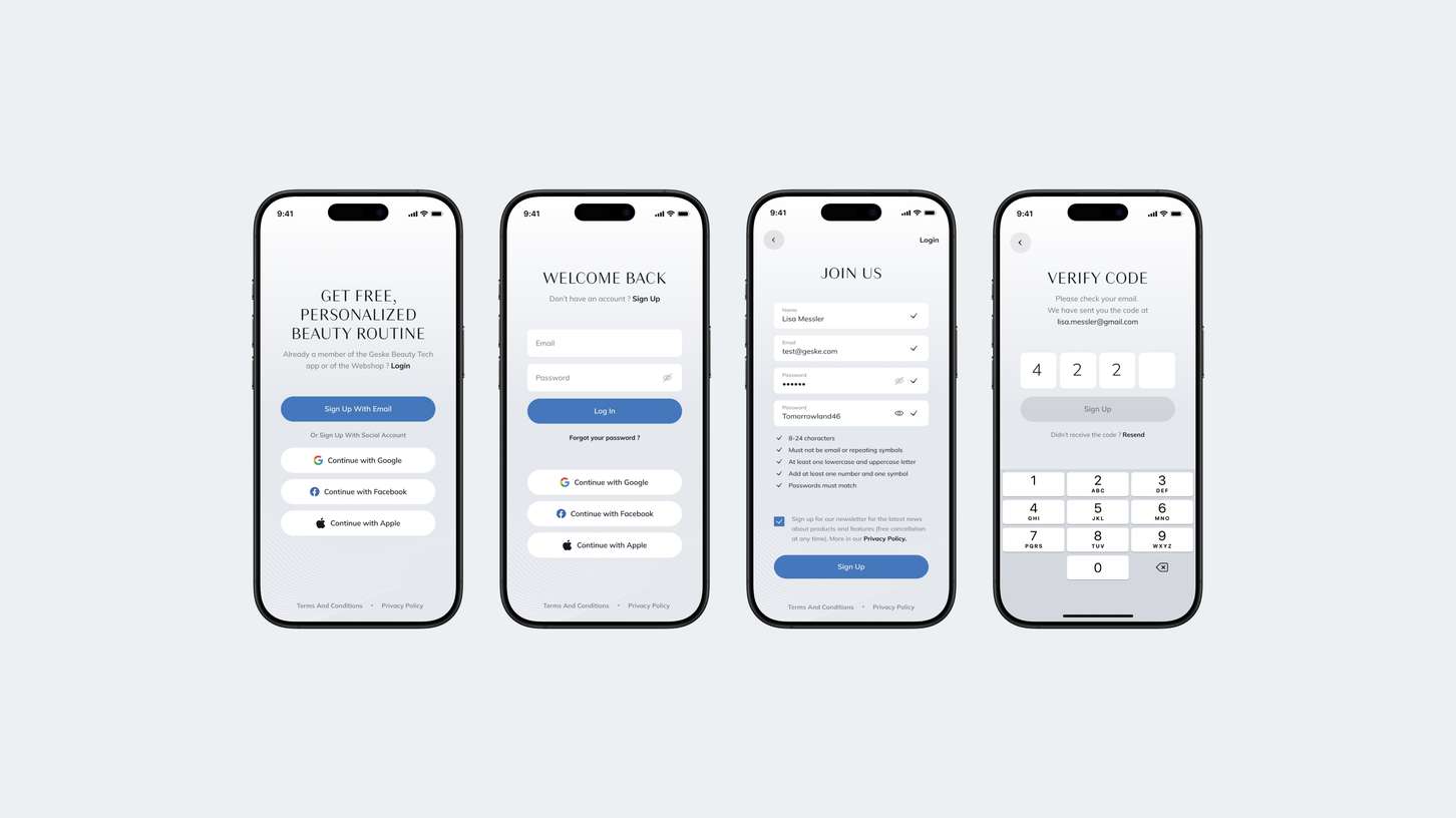 A mobile user onboarding experience flow showing step-by-step wireframes for landing, logging in, creating an account, and verifying a security code.