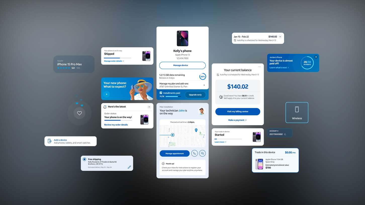 A UI design toolkit presentation displaying an array of detached dashboard widgets, tracking components, and interactive user interface cards.