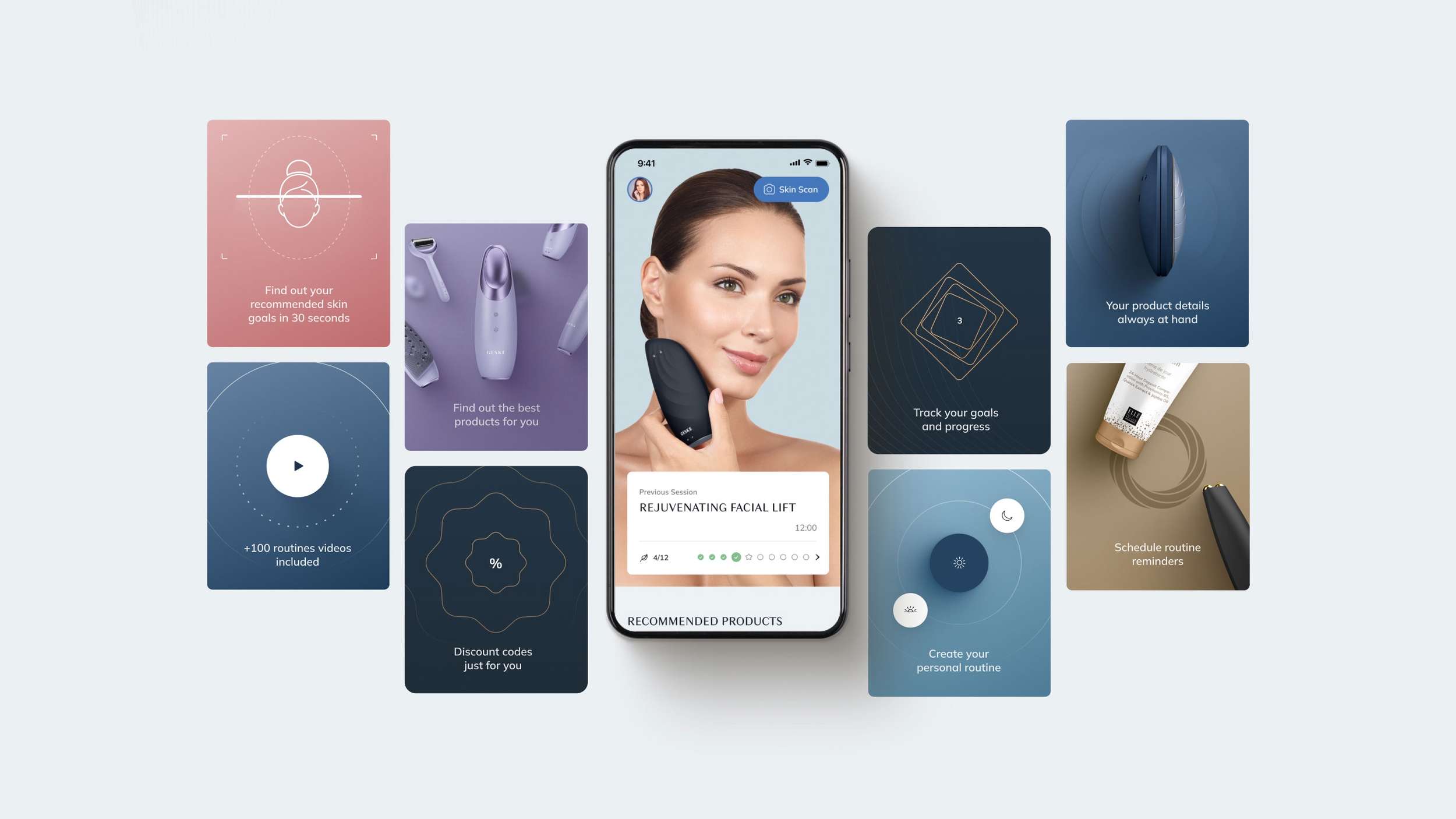 An app feature ecosystem showcase detailing various utility cards such as routine reminders, video content libraries, and goal-tracking visualizations flanking a main application mockup.