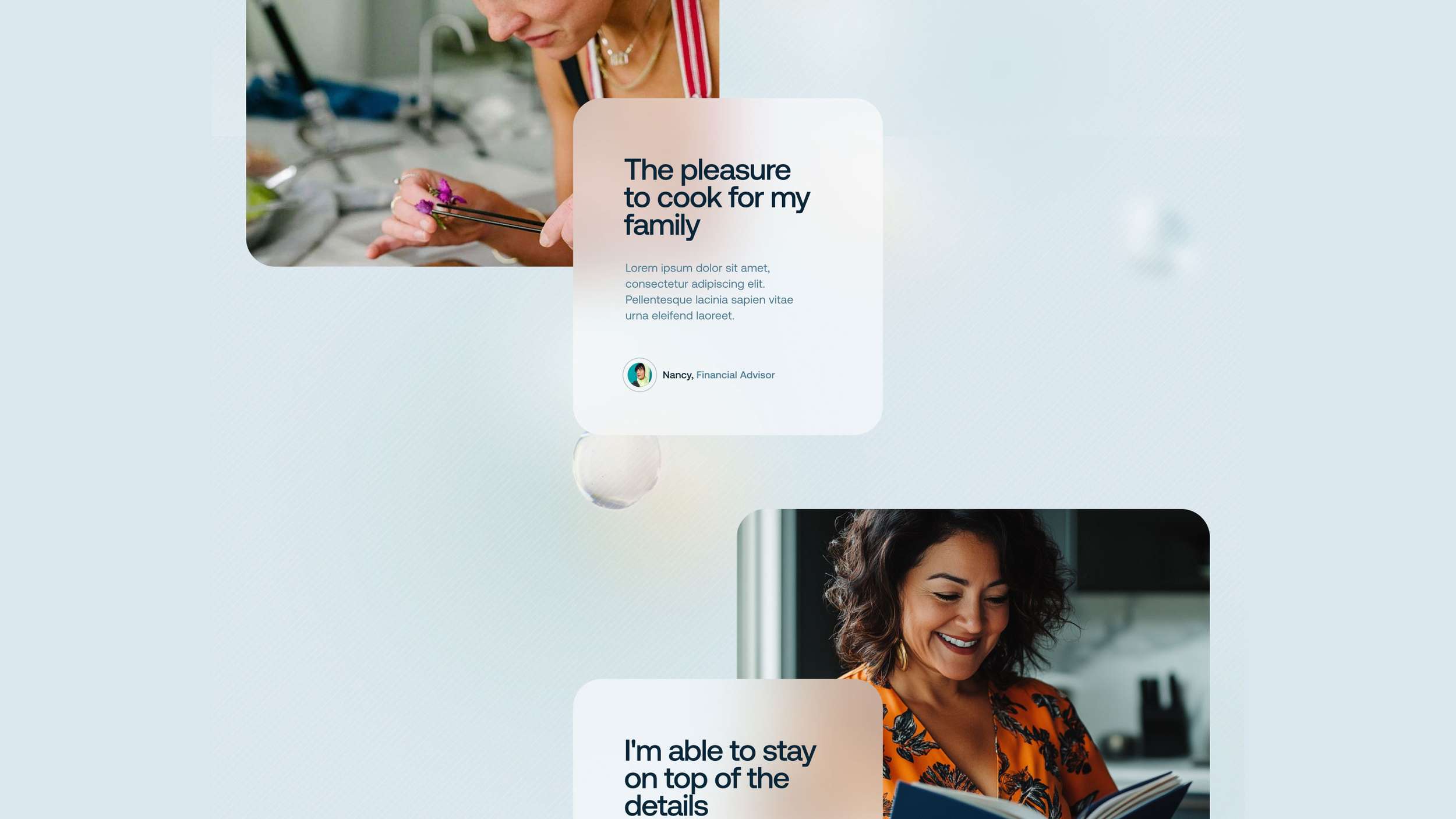 A light-themed website testimonial section mockup with a staggered layout, featuring overlapping rounded image blocks, translucent glassmorphism cards with typography, and subtle floating 3D bubble details