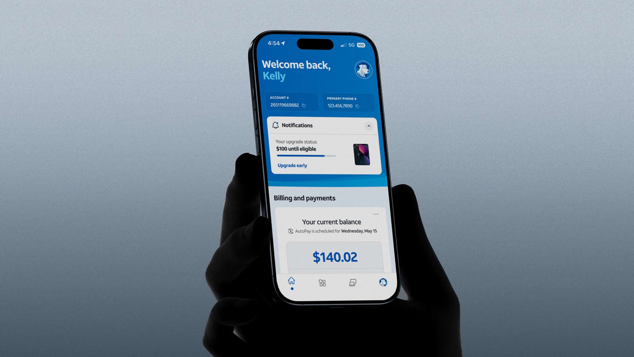 A realistic hand-held mobile mockup presenting an active user account landing page with dynamic layout notification elements and billing components.