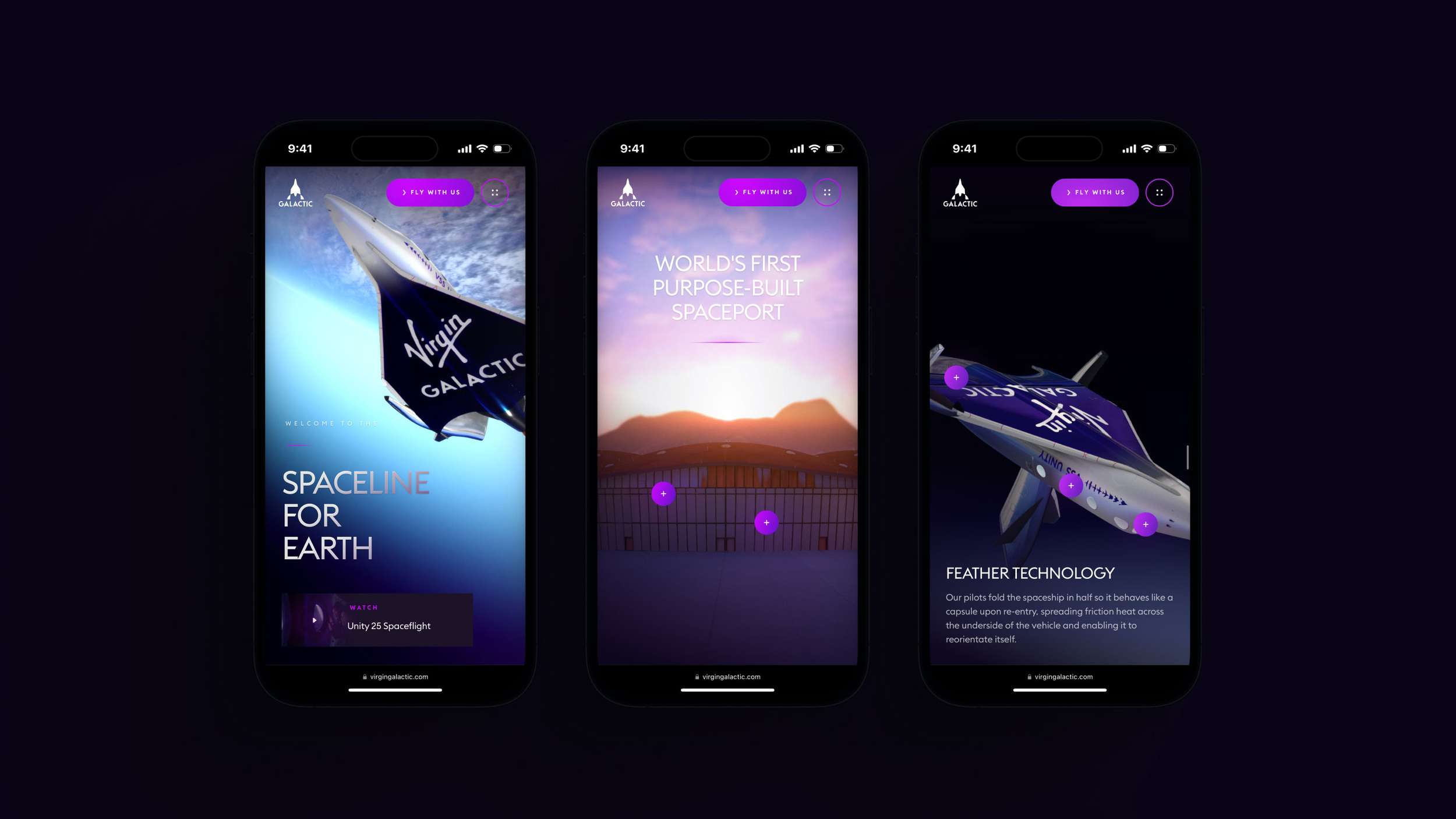 Three smartphone screens display Virgin Galactic's interface featuring a spaceship, a spaceport, and details on feather technology.