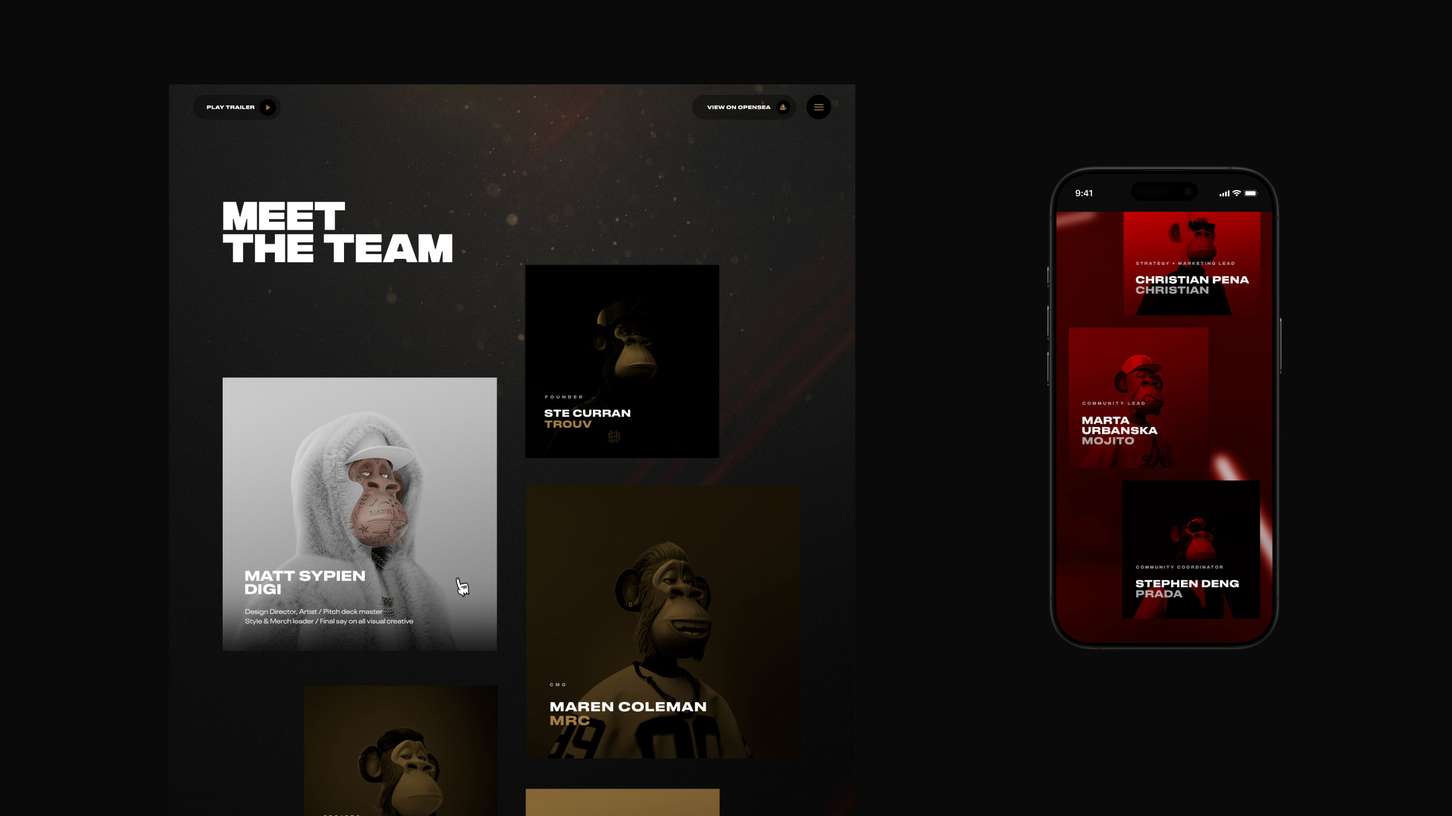 Cross-platform UI/UX design presentation featuring a dark desktop team grid screen and a companion mobile smartphone screen showing a red-tinted interface layout.