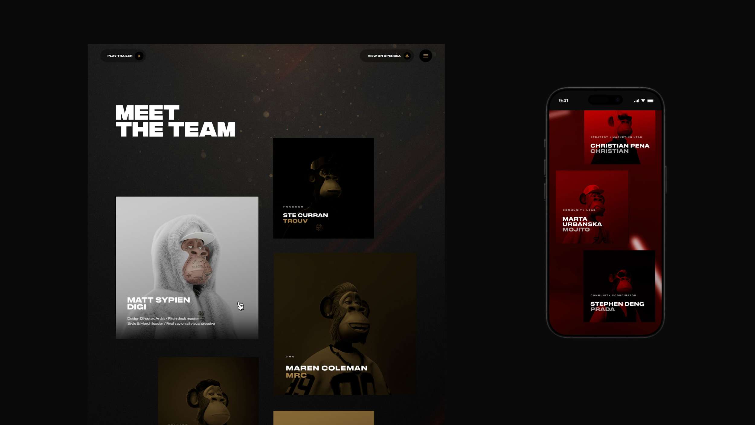 Cross-platform UI/UX design presentation featuring a dark desktop team grid screen and a companion mobile smartphone screen showing a red-tinted interface layout.