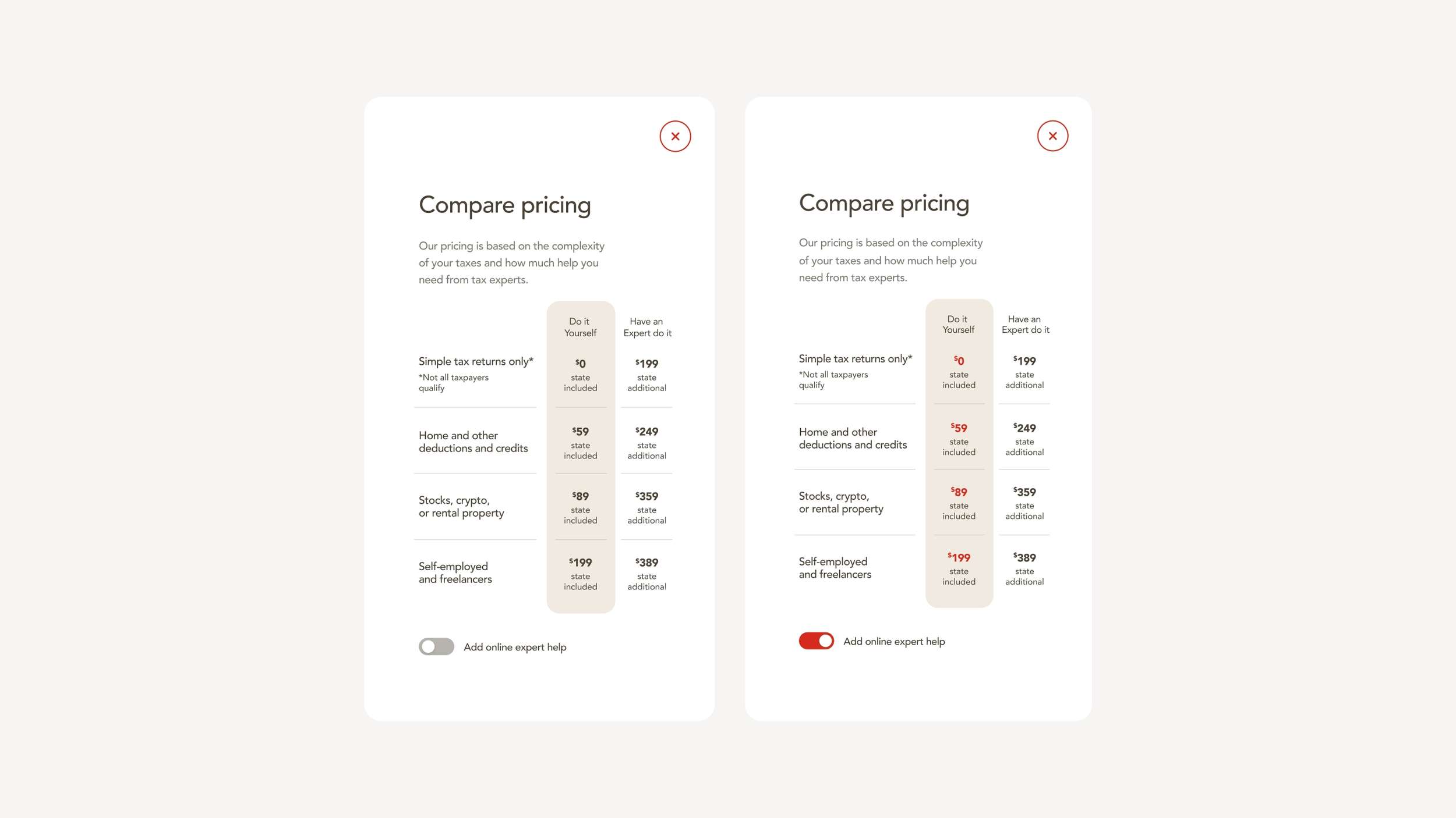 A UI design variant showcase illustrating a tabular price comparison matrix between two tiers with interactive toggle state changes.