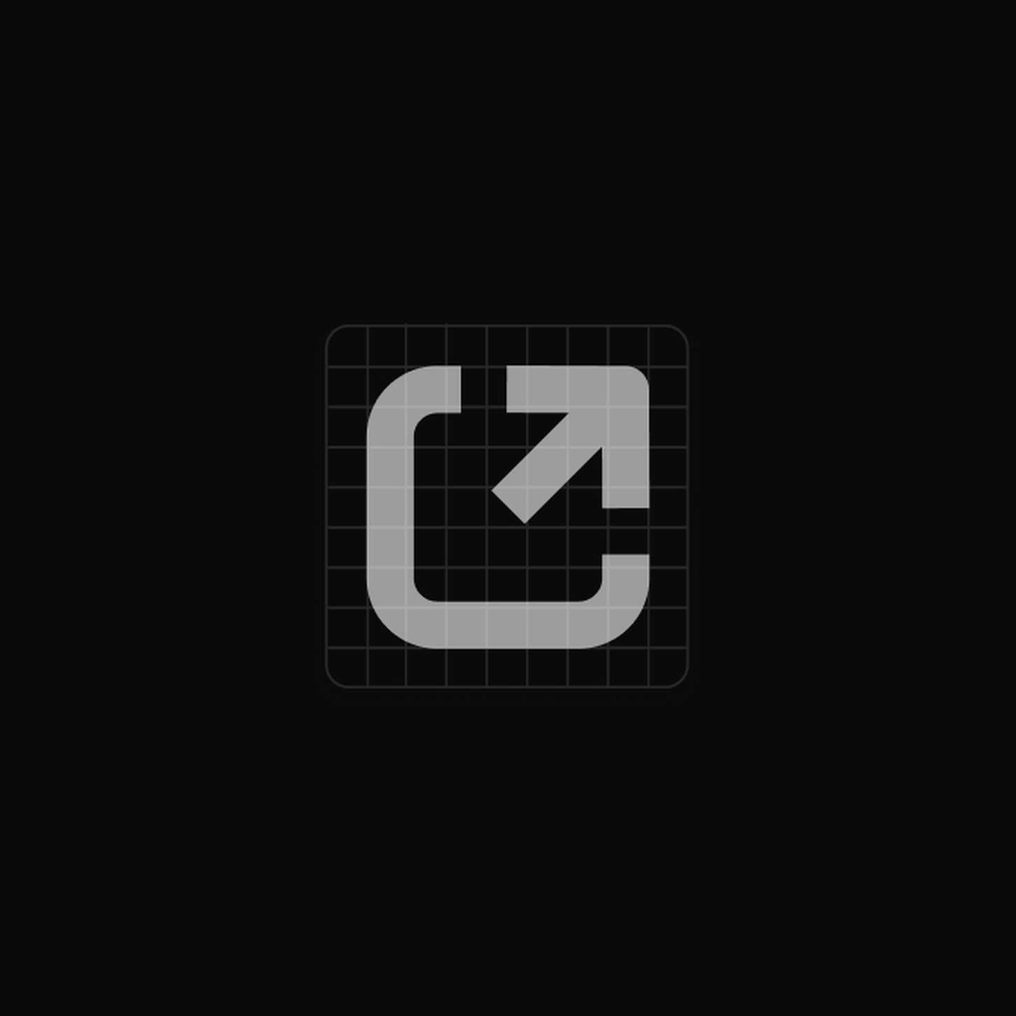 Vector line icon representing an open-in-new-window shortcut button, displayed on an overlay grid system block.