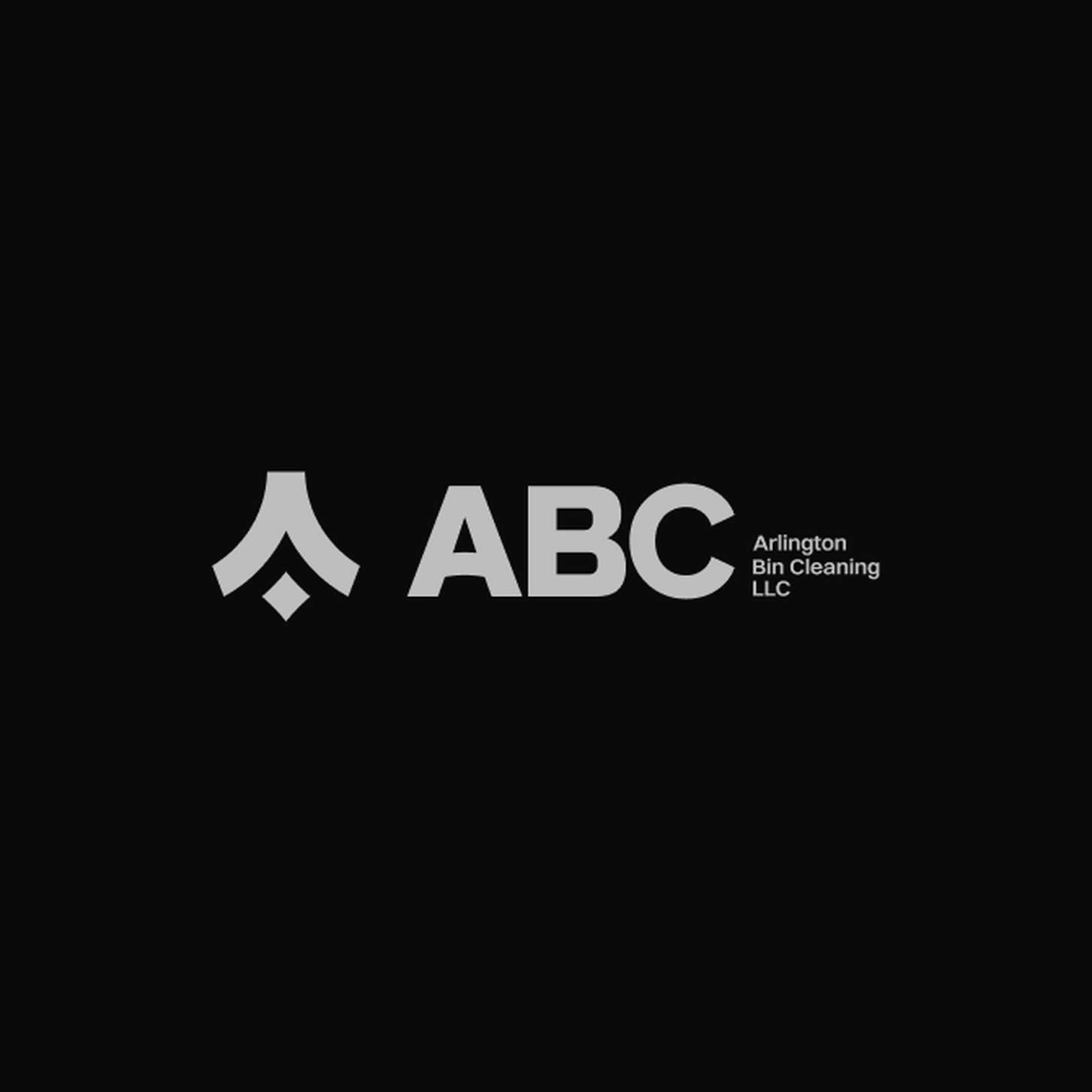 Minimalist horizontal logo lockup variant centered on a solid black background. Features a light grey geometric emblem of a chevron resting above a diamond on the left, paired with a bold sans-serif wordmark "ABC" in the center and stacked text "Arlington Bin Cleaning LLC" on the right.
