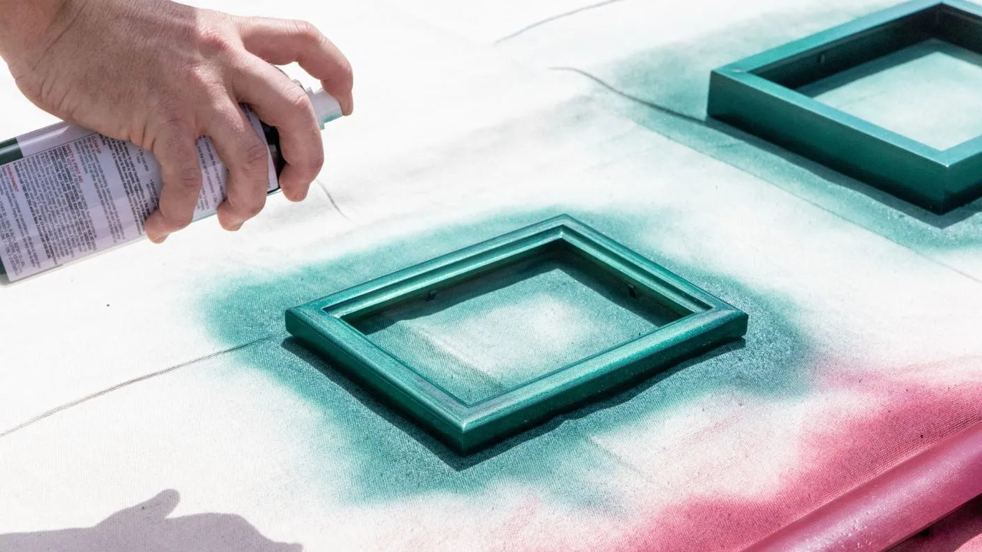 Picture frame being painted in White Knight Squirts green on a drop cloth