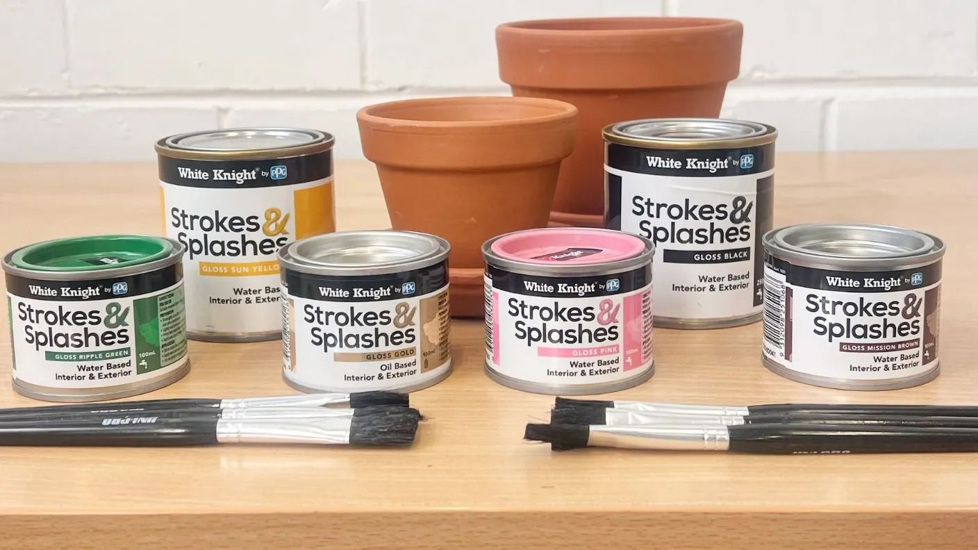 Cans of colorful "Strokes & Splashes" paint and brushes displayed on a wooden surface with terracotta pots in the background.