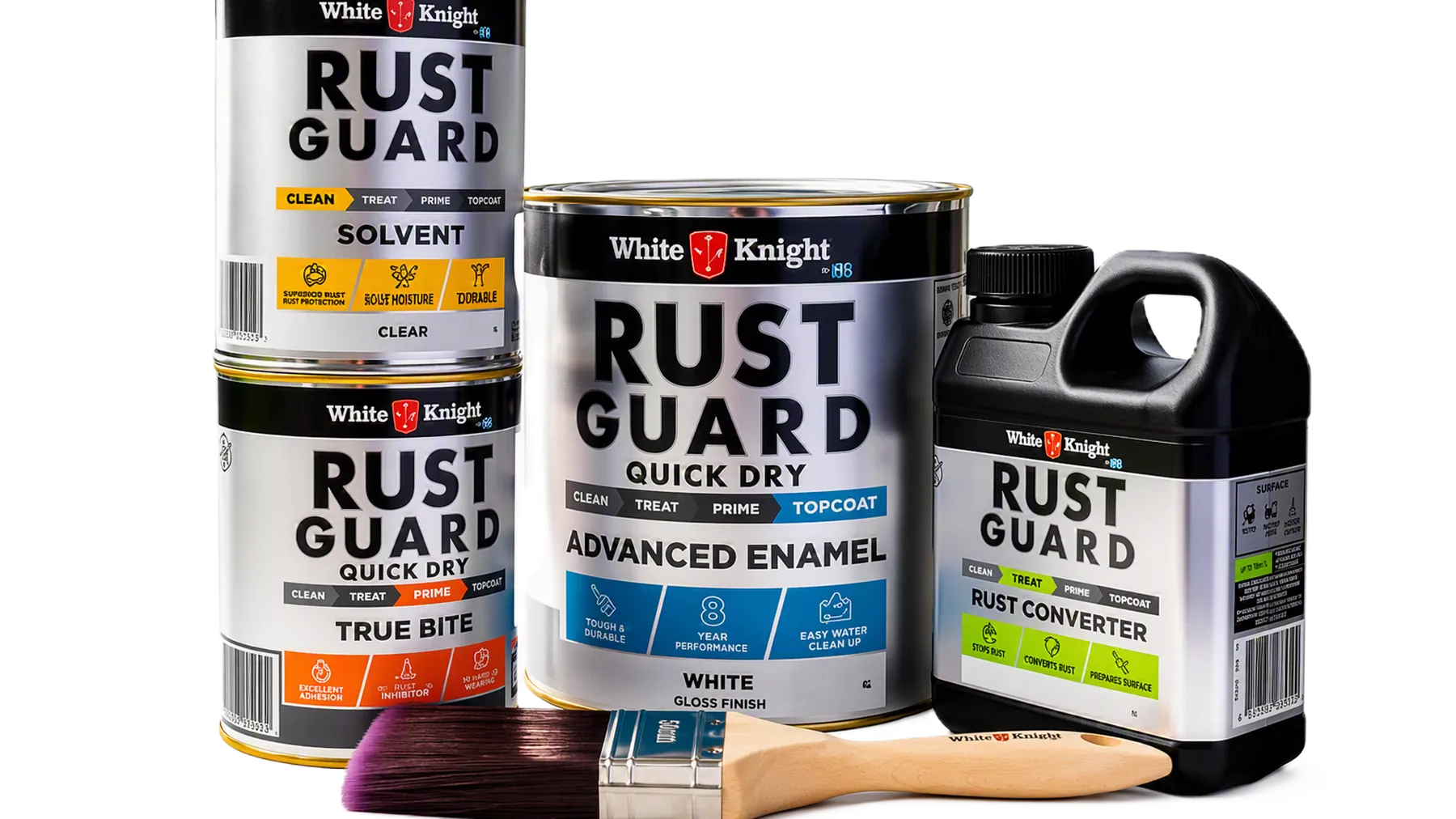 Cans and container of White Knight Rust Guard products with a paintbrush, including solvent, enamel, and rust converter.