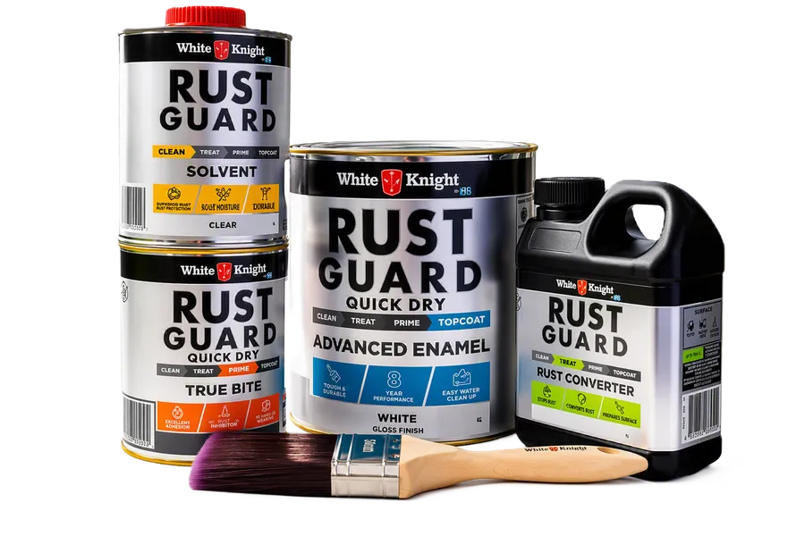 Cans and container of White Knight Rust Guard products with a paintbrush, including solvent, enamel, and rust converter.