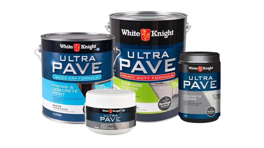 White Knight range of Ultra Pave paint products, side by side, including paving and concrete paint and garage floors with etcher and topcoat additive