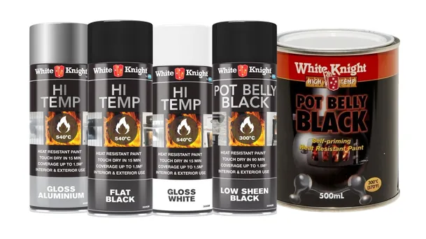 White Knight range of high temperature spray paints side by side in a range of finishes, as well as White Knight Pot Belly paint