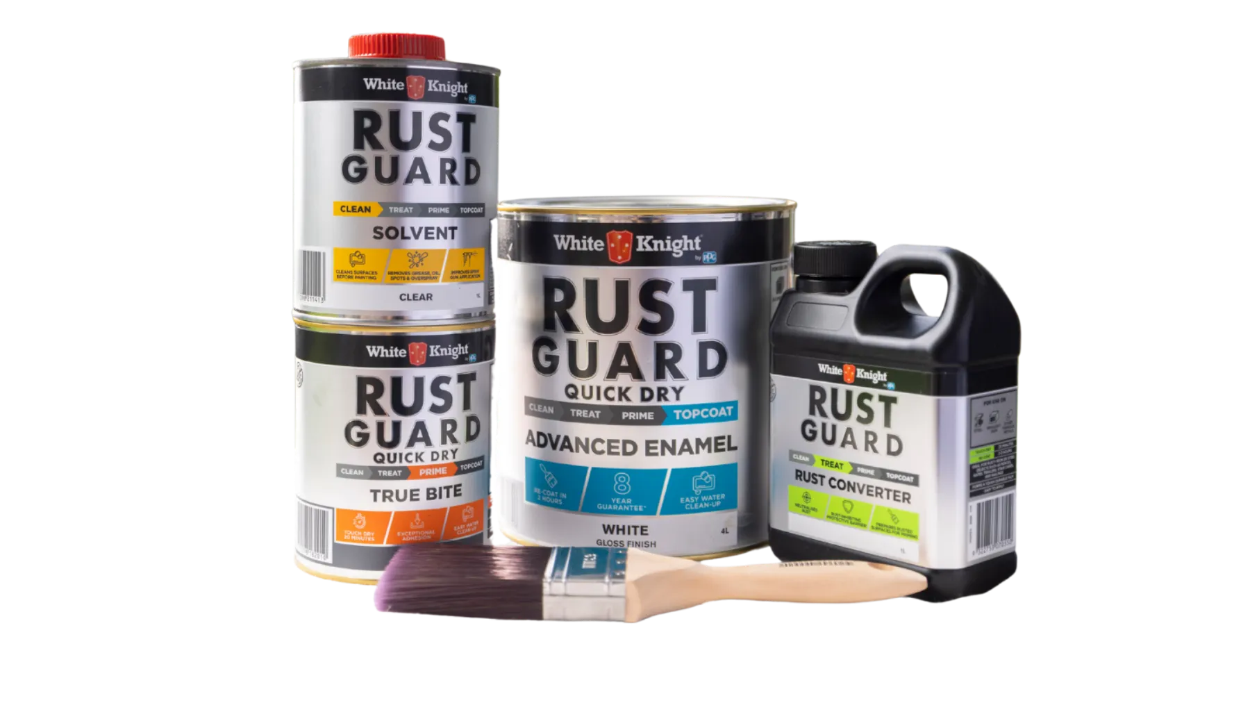 White Knight Rust Guard range of metal paint undercoats and topcoats sitting side by side with a brush