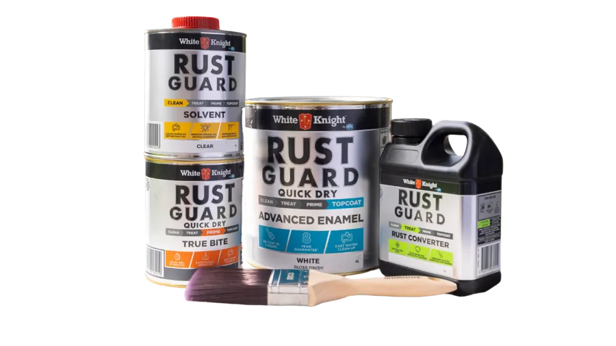 White Knight Rust Guard range of metal paint undercoats and topcoats sitting side by side with a brush