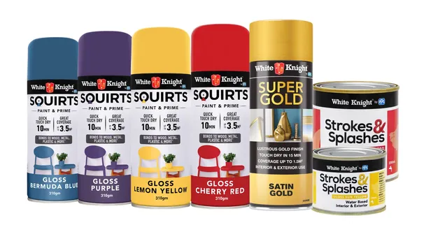 White Knight range of craft and decorative paints side by side including vibrant Squirts spray paints, Super Gold metallic spray paint and Strokes and Splashes