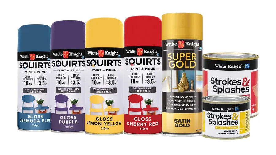 White Knight range of craft and decorative paints side by side including vibrant Squirts spray paints, Super Gold metallic spray paint and Strokes and Splashes