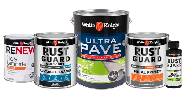 White Knight range of specialty paints placed side by side including Renew, Rust Guard & Ultra Pave