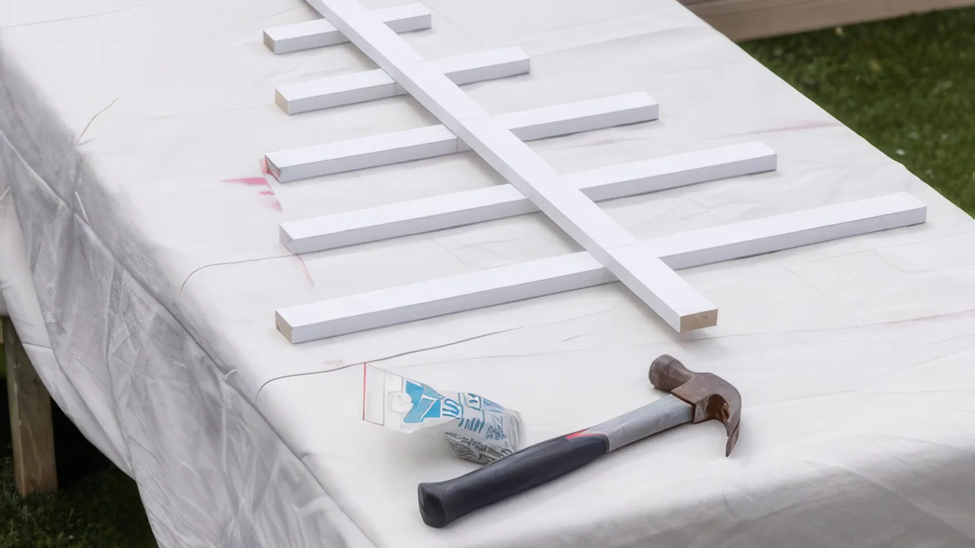 Wooden slats laid in a cross pattern on a covered table outdoors, with a hammer and partially visible box nearby.