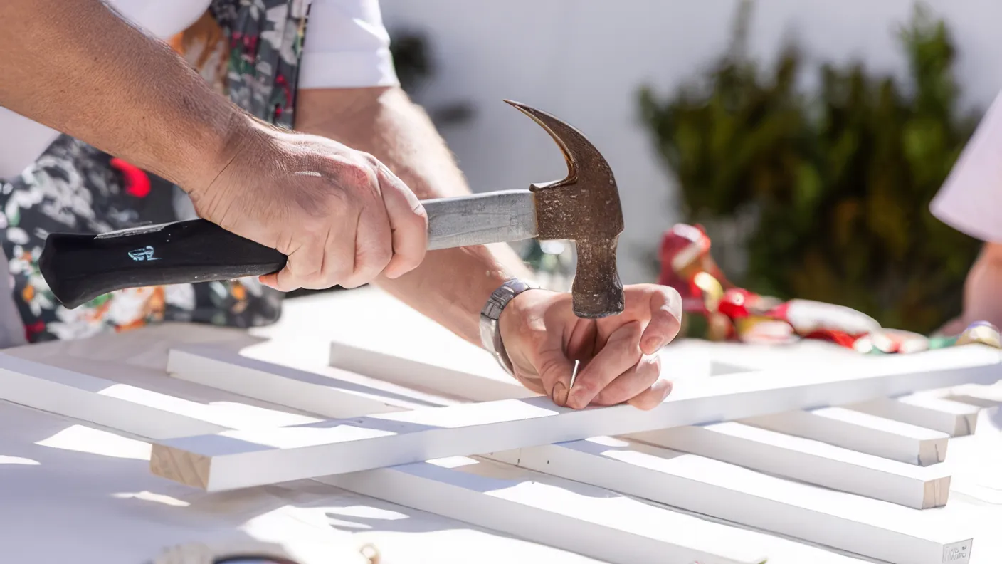 Close-up of a person hammering a nail into white wooden slats on a table outdoors, with various small items in the background.
