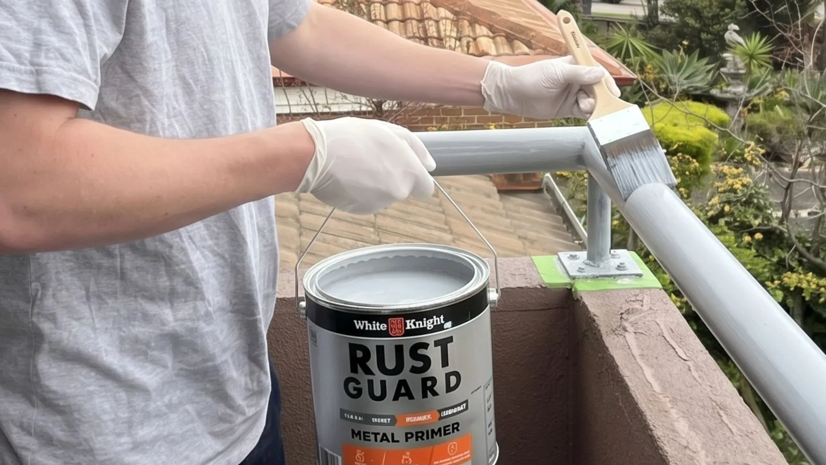 Person painting a metal railing with rust guard metal primer. They wear gloves and hold a paintbrush and a can of medium grey primer.