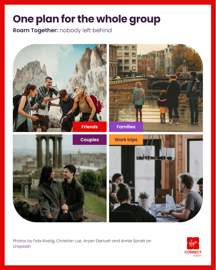 Collage showcasing groups: friends hiking, family on city street, couple at historic site, and professionals in a meeting, promoting group travel plans.