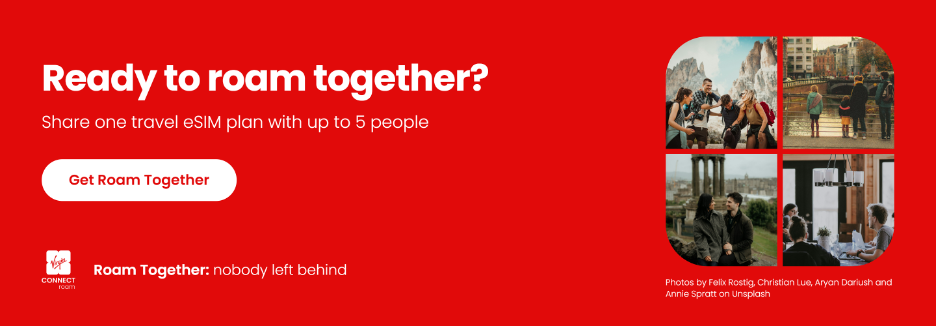 Red banner promoting a travel eSIM plan for up to 5 people. Includes "Get Roam Together" button and travel images.