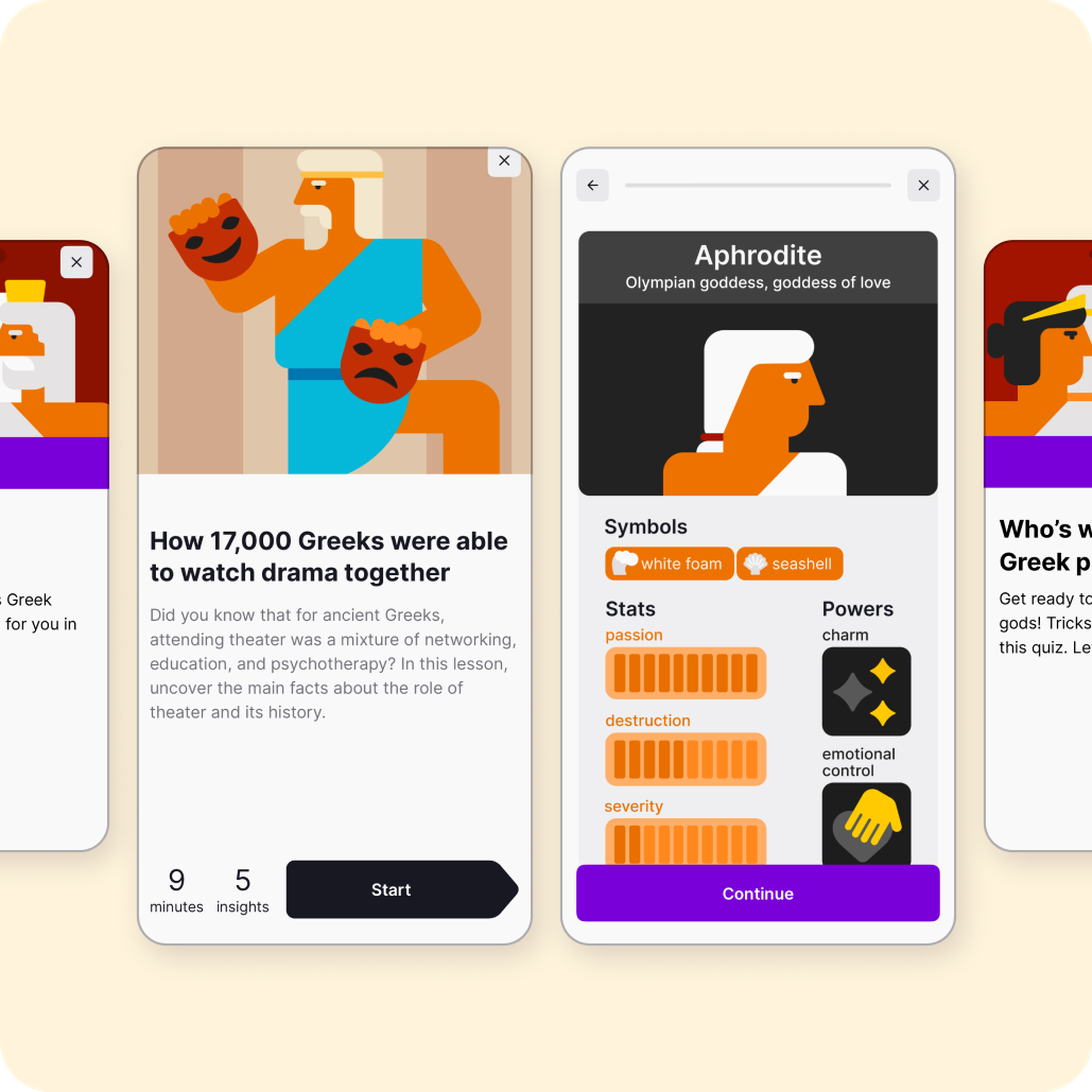 Nibble app lesson screens on a cream background showing an illustrated Greek actor with theater masks, a Greek drama lesson intro, and an Aphrodite card listing symbols, stats and powers