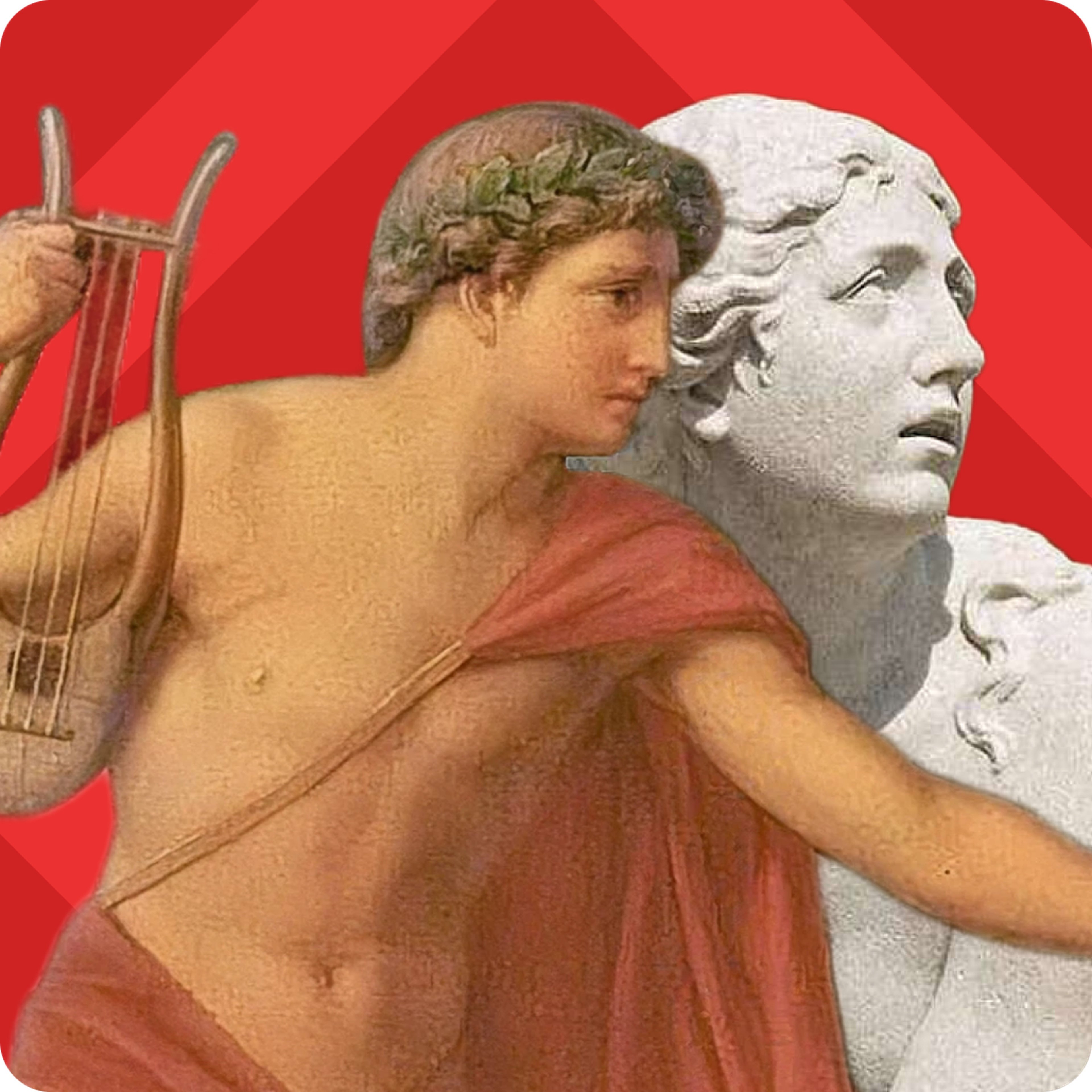 Nibble cover art showing a laurel-crowned Greek poet in a red robe holding a lyre beside a white marble bust, set against a bold red diagonal-patterned background