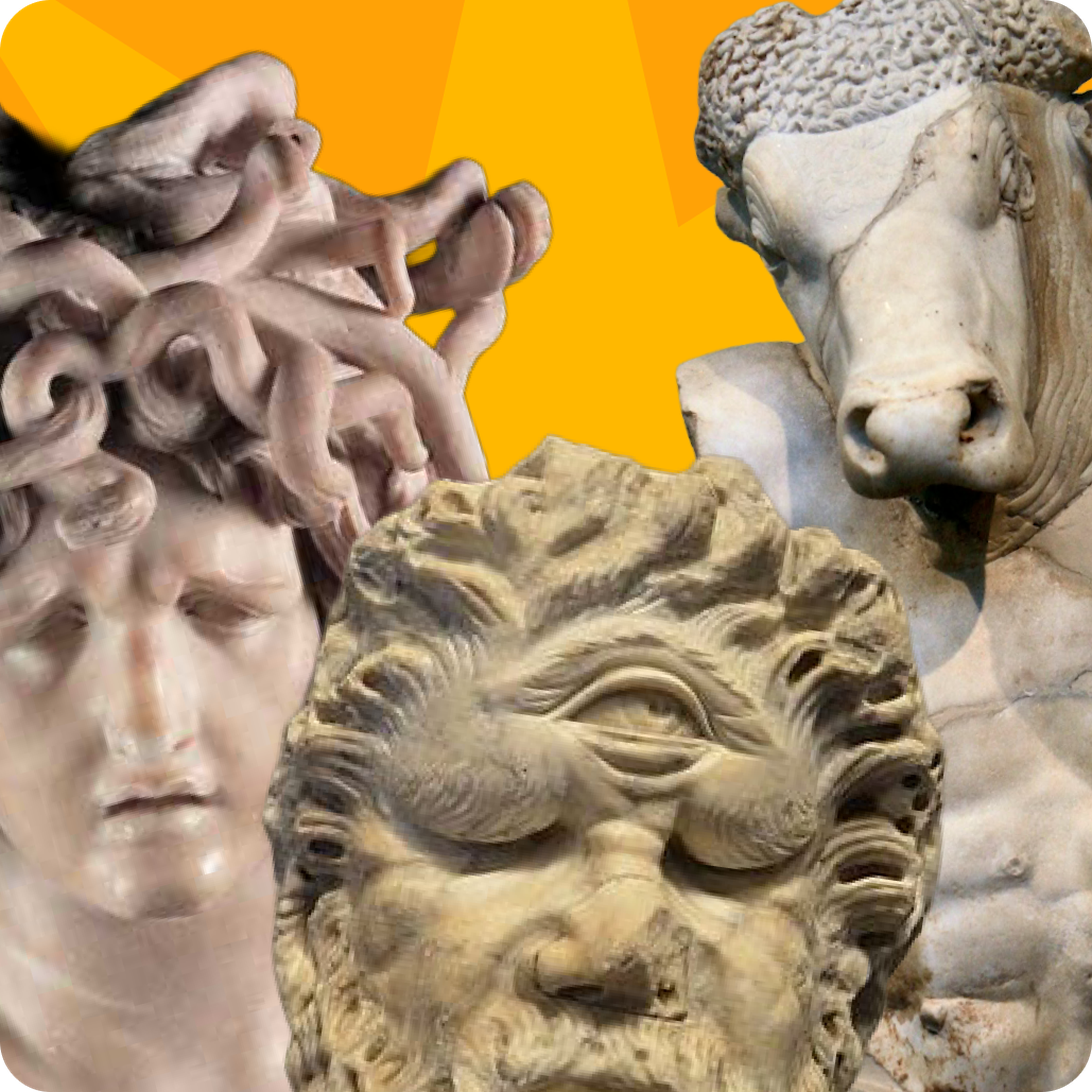 Collage of Greek mythology marble sculptures on an orange background, featuring a snake-haired Medusa head, a bearded Gorgon mask and a Minotaur bull-headed figure, illustrating Nibble's mythology stories