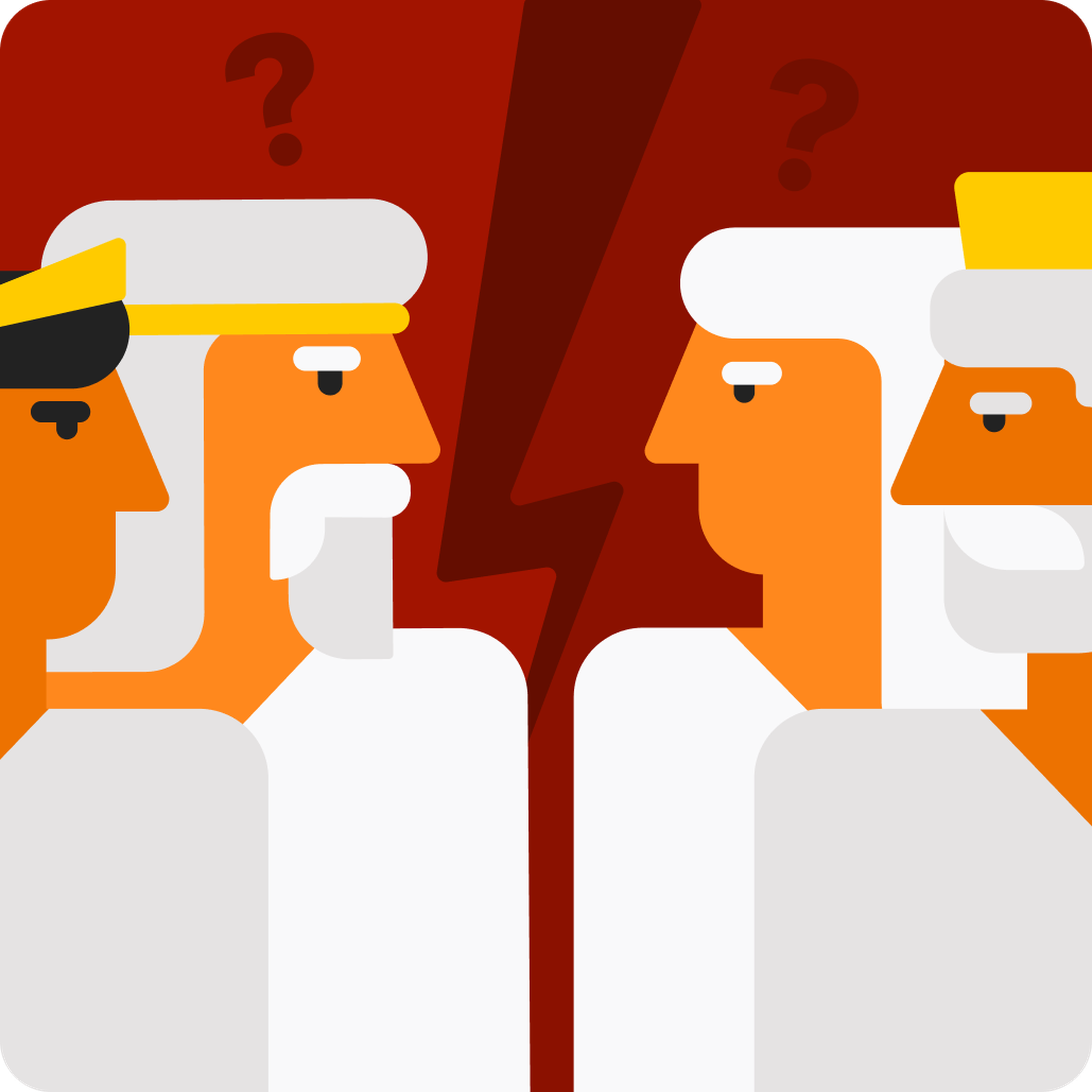 Flat illustration of two groups of men in white and yellow headwear facing off across a dark crack on a red background with question marks, symbolizing a Nibble discussion about conflict and divided opinions