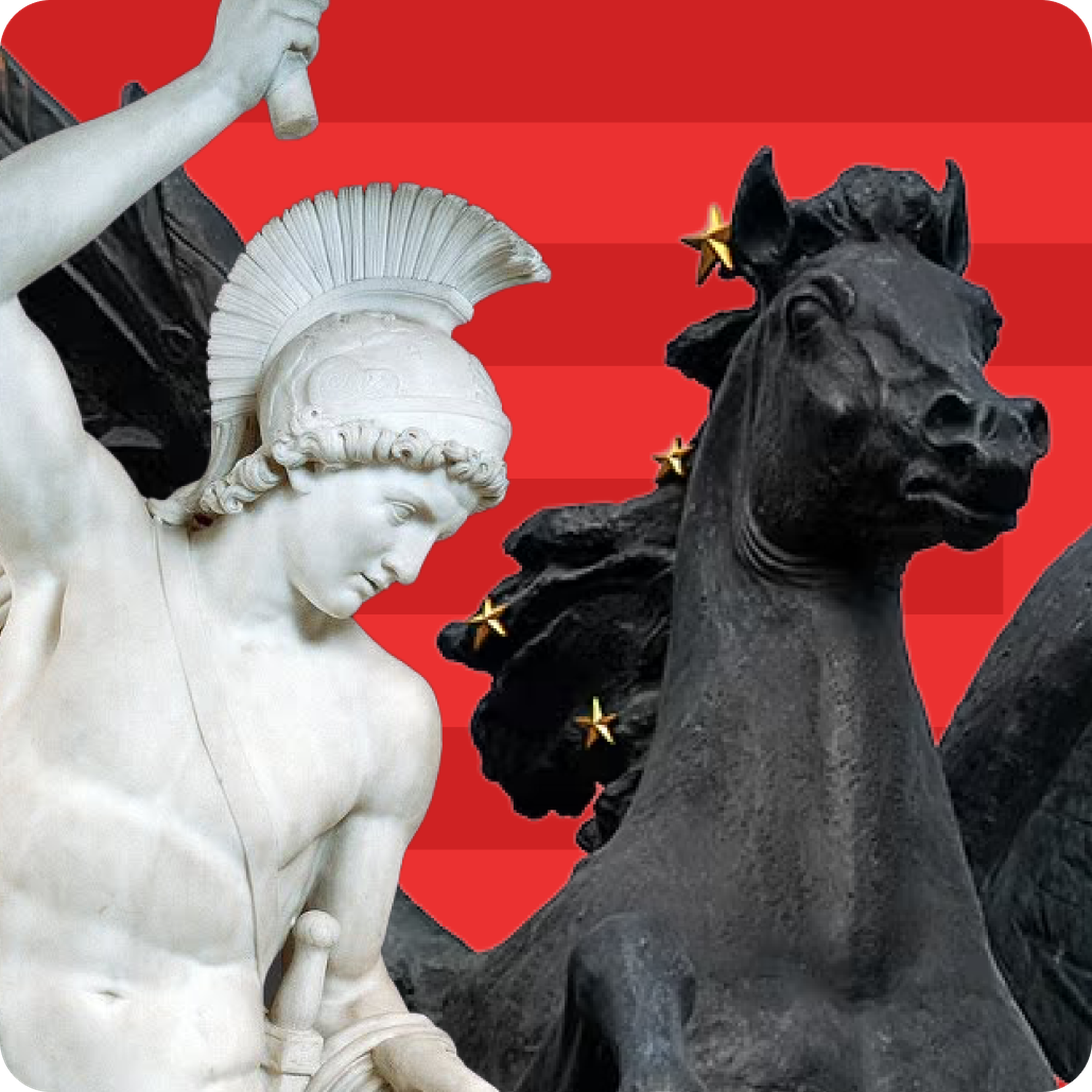 Nibble collage of a white marble warrior statue in a crested Greek helmet beside a dark bronze winged horse sculpture dotted with gold stars, set on a bold red chevron background