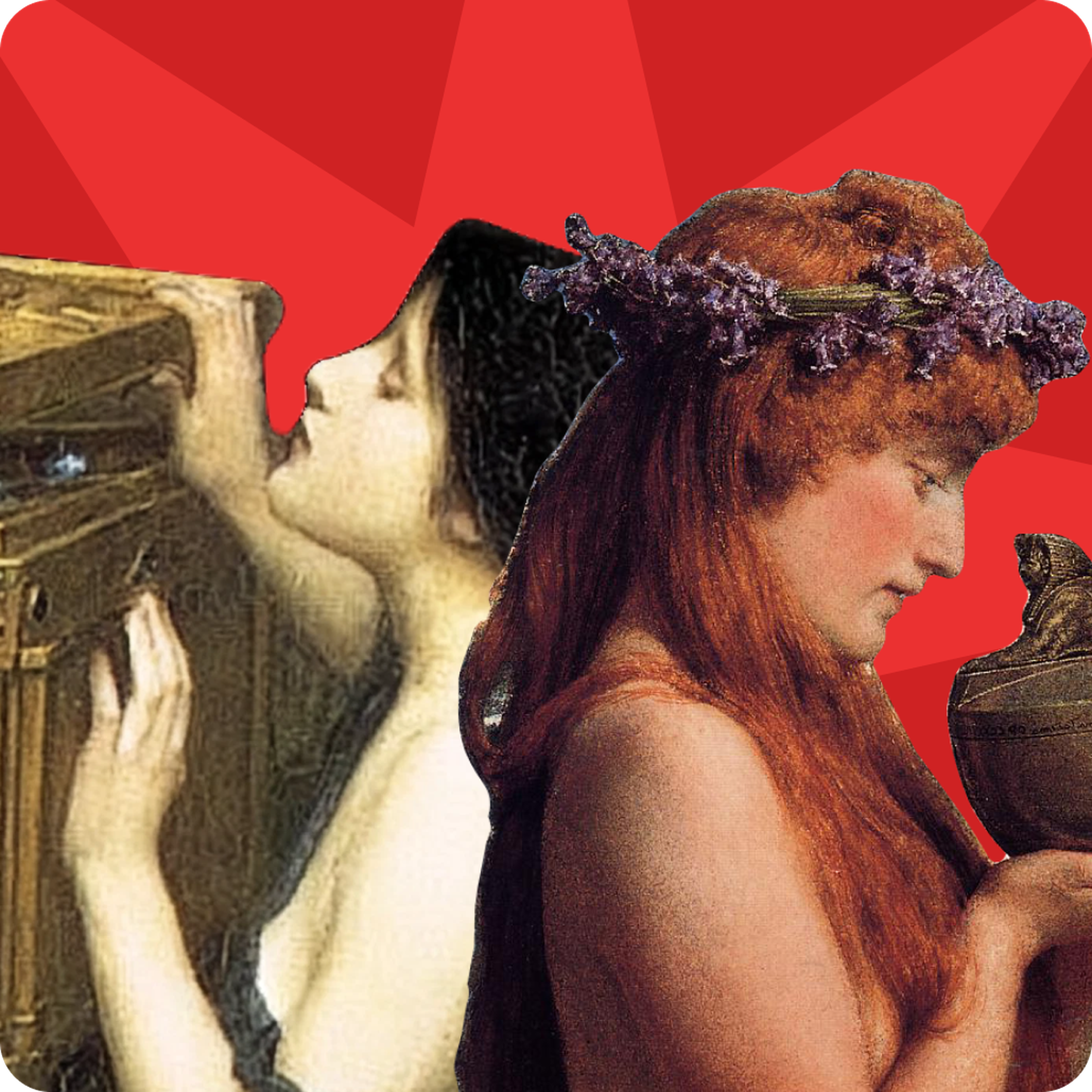 Collage-style Nibble artwork on a bright red starburst background, featuring a red-haired woman in a violet flower crown holding an urn beside a dark-haired figure gazing into an ornate golden mirror