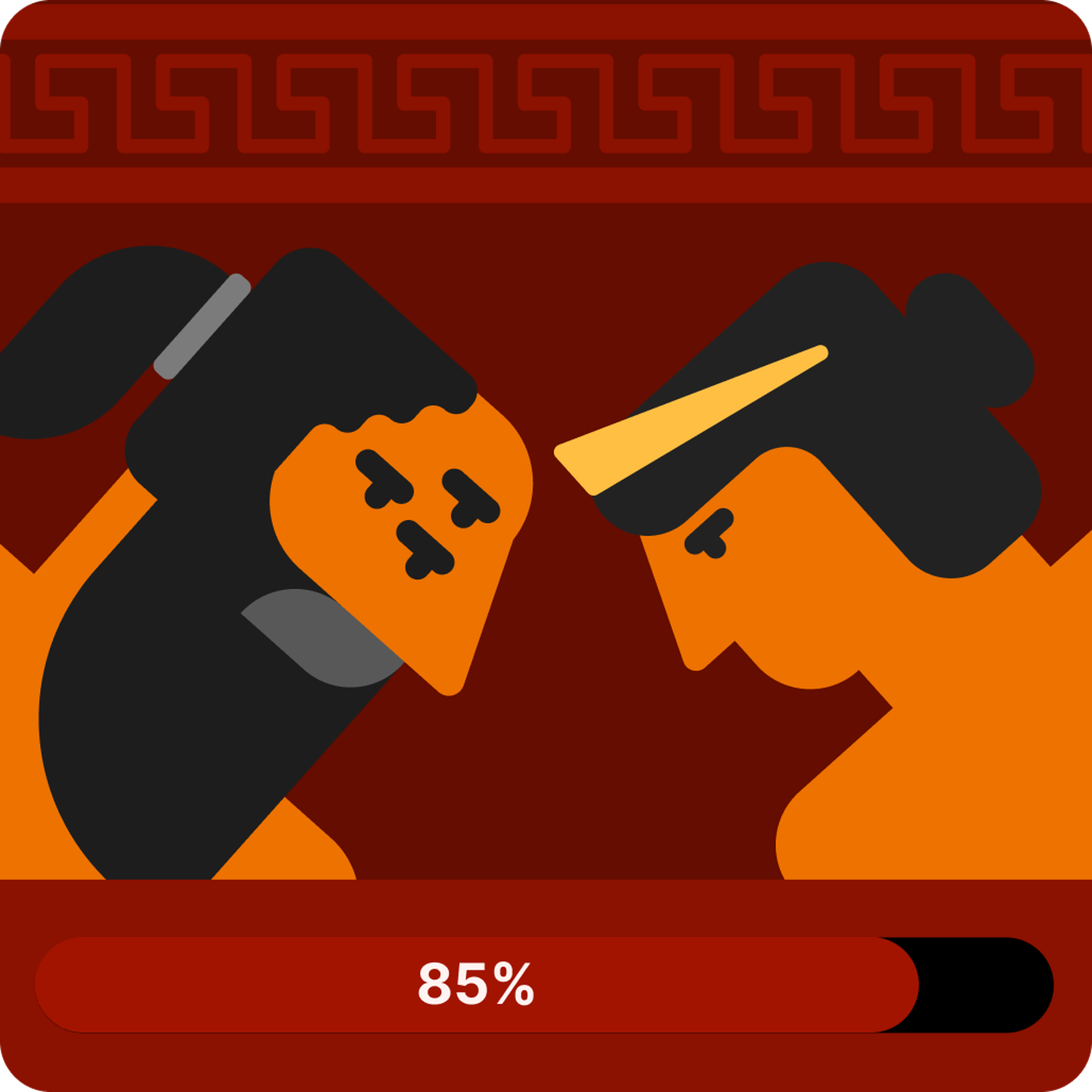 Greek vase-style illustration of two figures facing each other on a dark red background with a meander border, one wearing a laurel-like gold band, above an 85% progress bar in the Nibble app