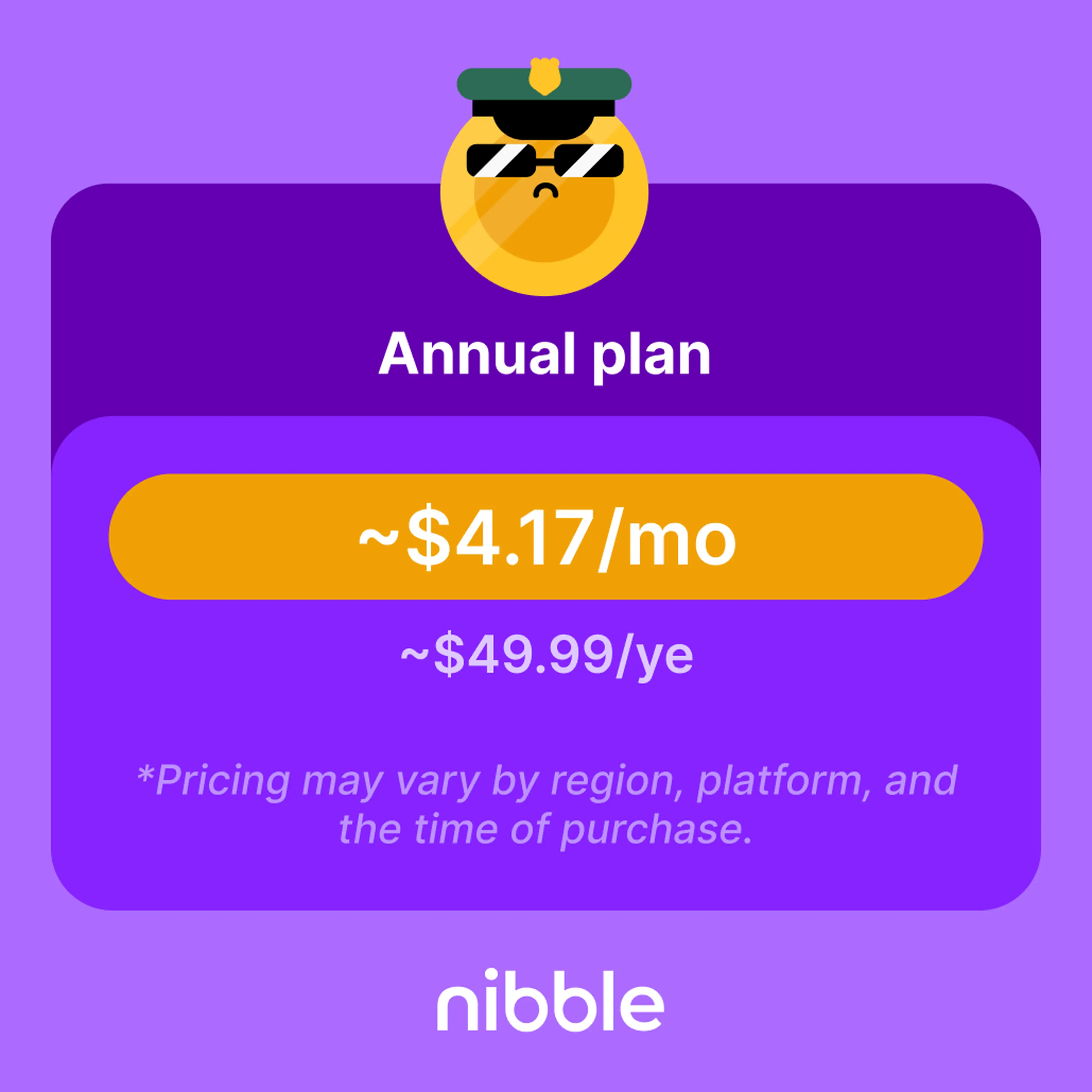 Nibble price card showing the annual plan at about $417 per month or $4999 per year, with a coin mascot in a police cap and sunglasses on a purple background